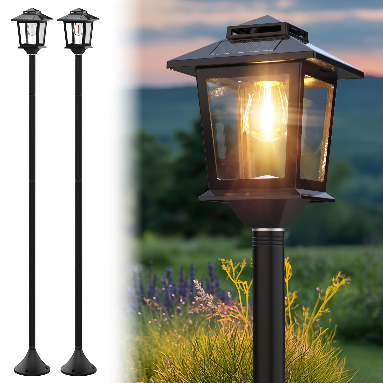 Icerona 64 Solar Outdoor Light Waterproof 2 Pack, Aluminum Glass Solar Lamp Post Light with Auto On/Off 3000K Warm White, Outdoo