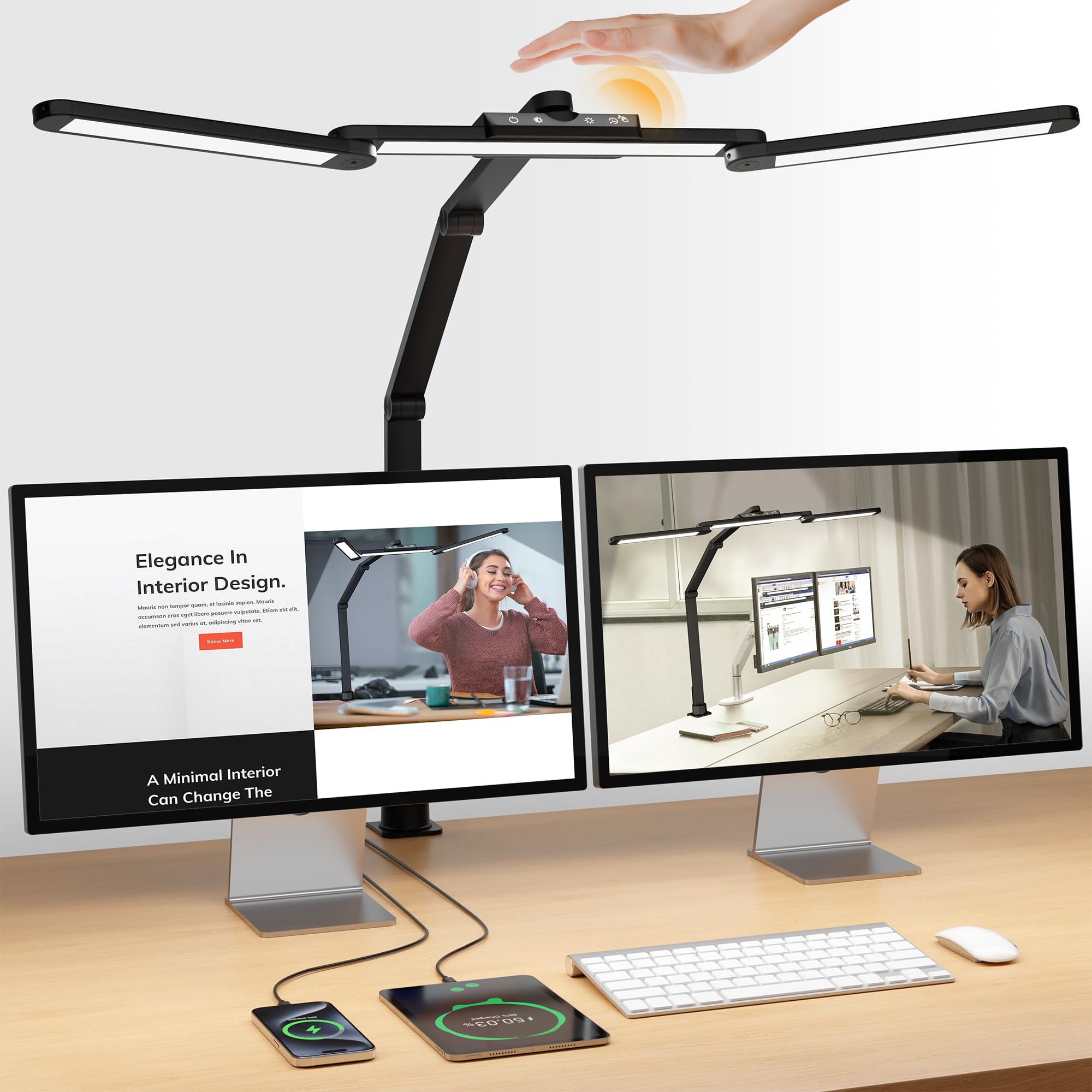 ShineTech Led Desk Lamp with Clamp, Adjustable Desk Light for Home Office with Gesture Sensor, 24W Bright Lamp with USB, Type C 