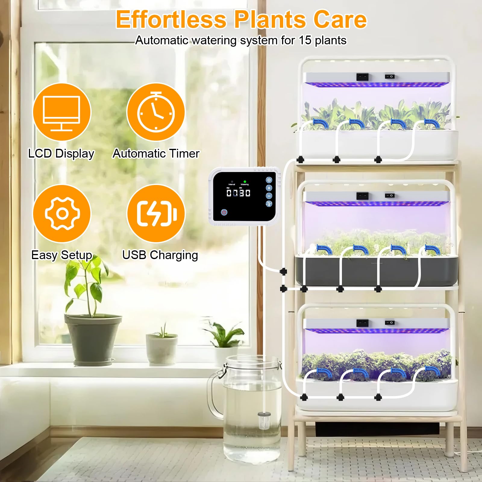 ZRYBOMY LED Grow Light with Automatic Watering System, Full Spectrum, Remote Control, Stepless Dimmable, White, Model G1