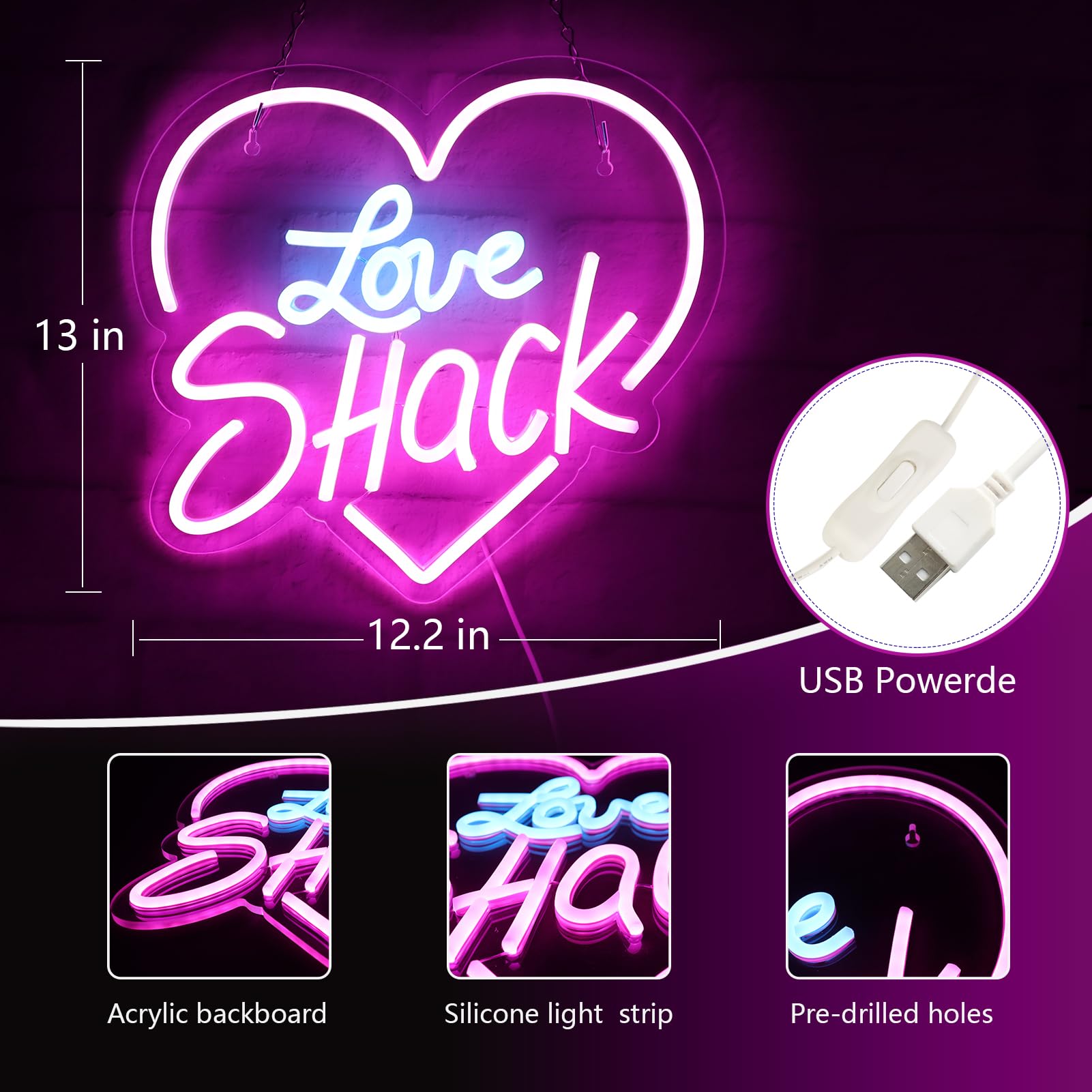 JFLLamp Neon Wall Decor Sign, Love Shack, 12.2x13 Inch, Acrylic, Azure+Pink, Model NS-Love Shack 001