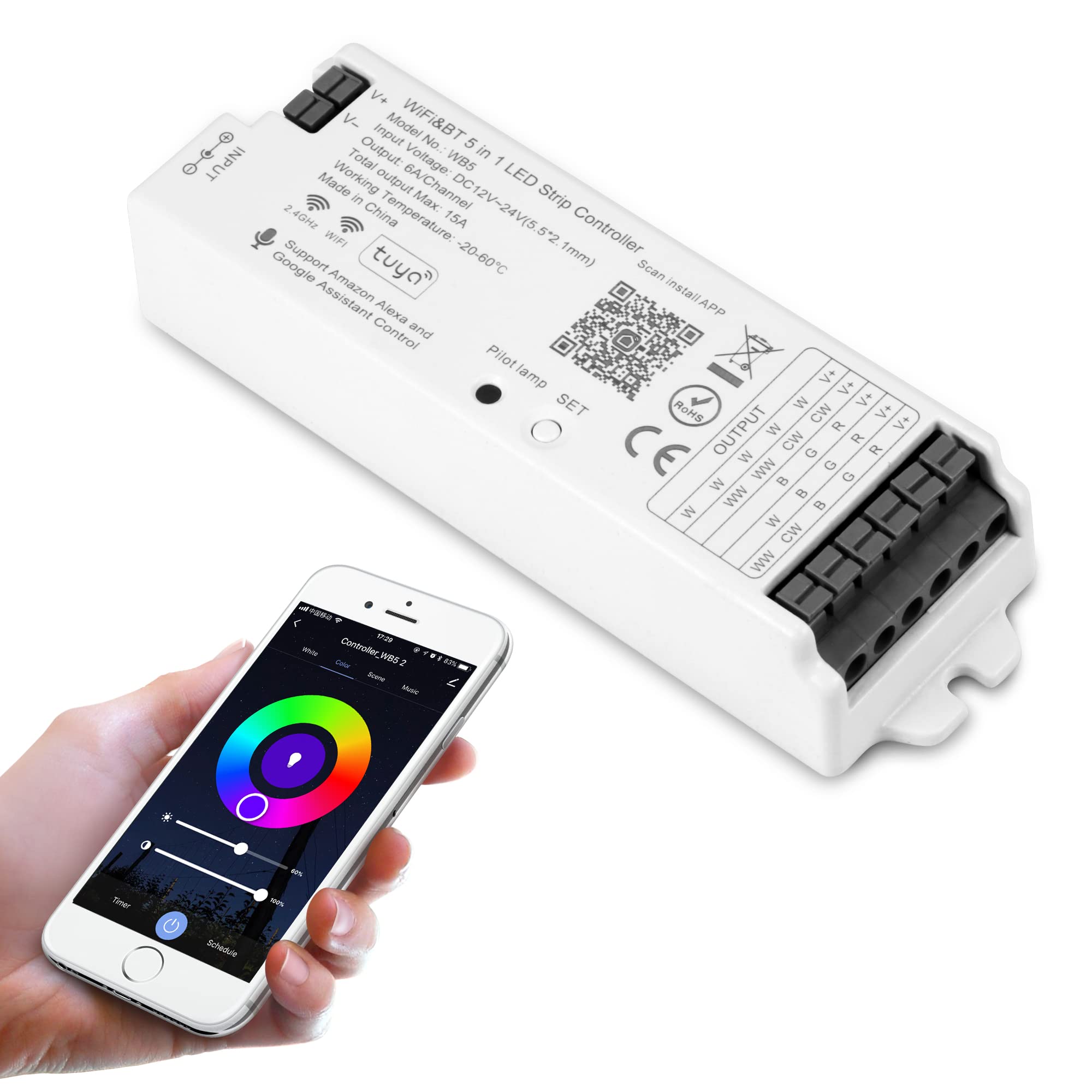 Xxk Wb5 Rf Wifi Bluetooth Led Strip Controller Rgb Cct Rgbw 5In1 Dimmable Compatible With Smart Life App/Alexa Echo/Google Assistant Home/Siri, Dc12-24V Lights Controller