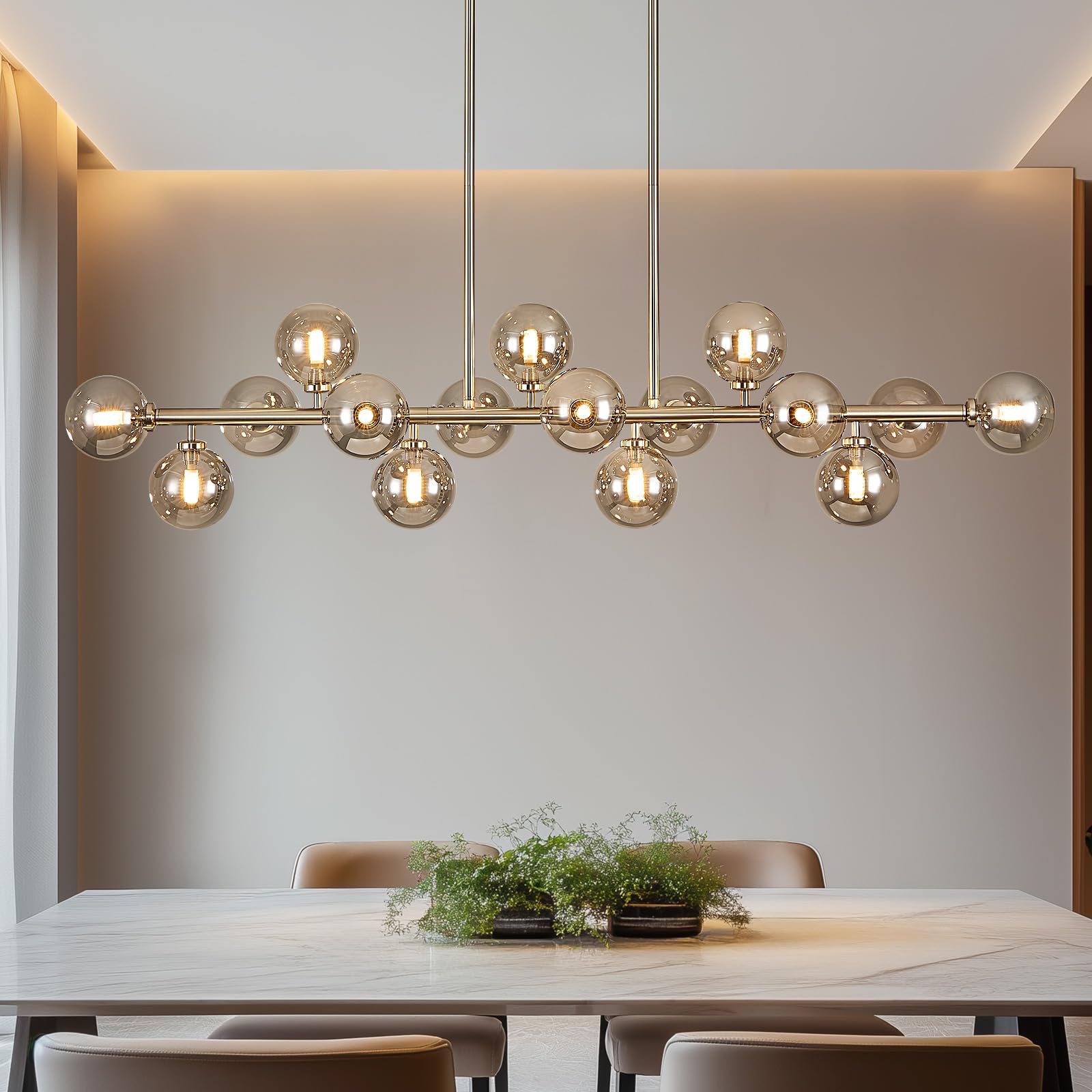 PiWWPi 55 Long Chandeliers for Dining Room Kitchen Island, Large Globe Sputnik Linear Chandelier, 16 Lights Mid Century Modern L