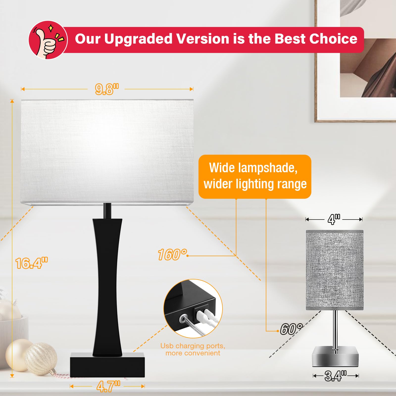 Bedside Lamps For Night Stands - 3 Way Dimmable Table Lamp For Bedroom With Usb C+A Ports,Modern Bedside Lamps Set Of 2, Touch L