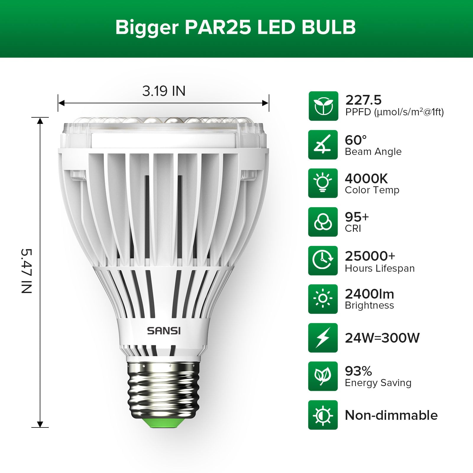 SANSI Grow Light Bulb, 24W Full Spectrum LED, 300W Equivalent, Ceramic, Model C23ZW005-V0024A27, for Indoor Plants