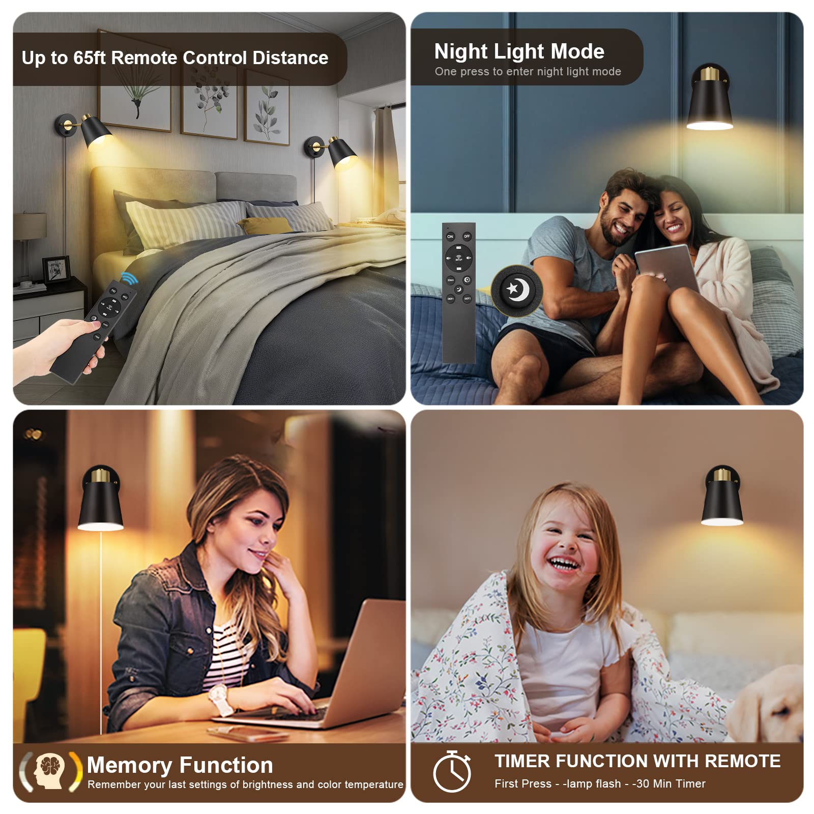 VATONI Wall Sconce Plug-in with Remote Control, Dimmable, Adjustable Color Temp 2700K-6000K, 2 Pack, Black, Model Stlamp-Blk-2