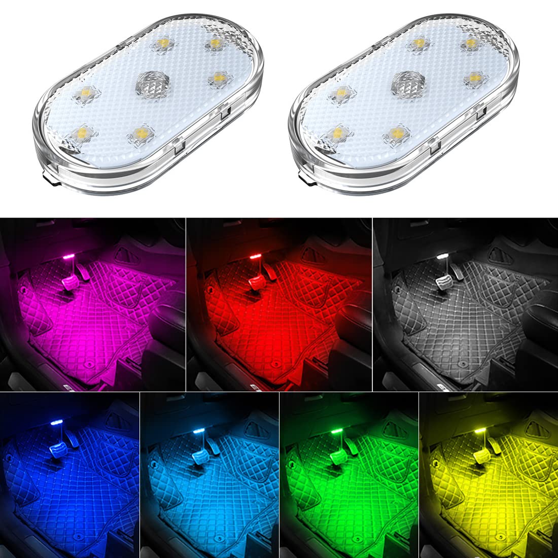 2 Pcs Car Led Lights Interior,7 Colors Ambient Lighting Car Interior,Usb Rechargeable Car Interior Reading Light,Portable Led Li