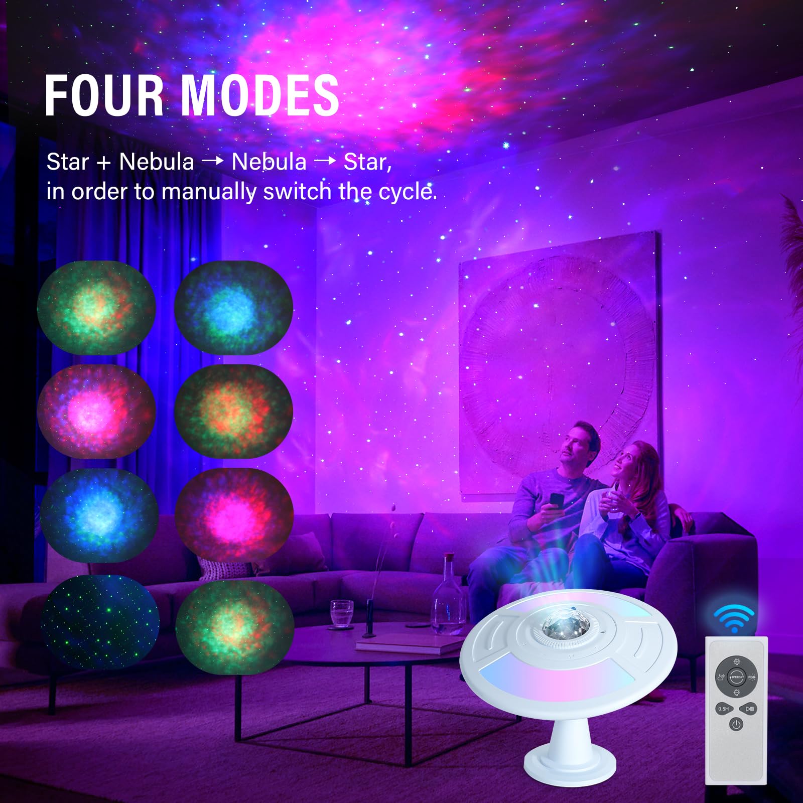 HASULL UFO Galaxy Projector Lamp - RGB Nebula, Remote Control, Auto Focus, USB Charging, Blue, Model SAL-RC