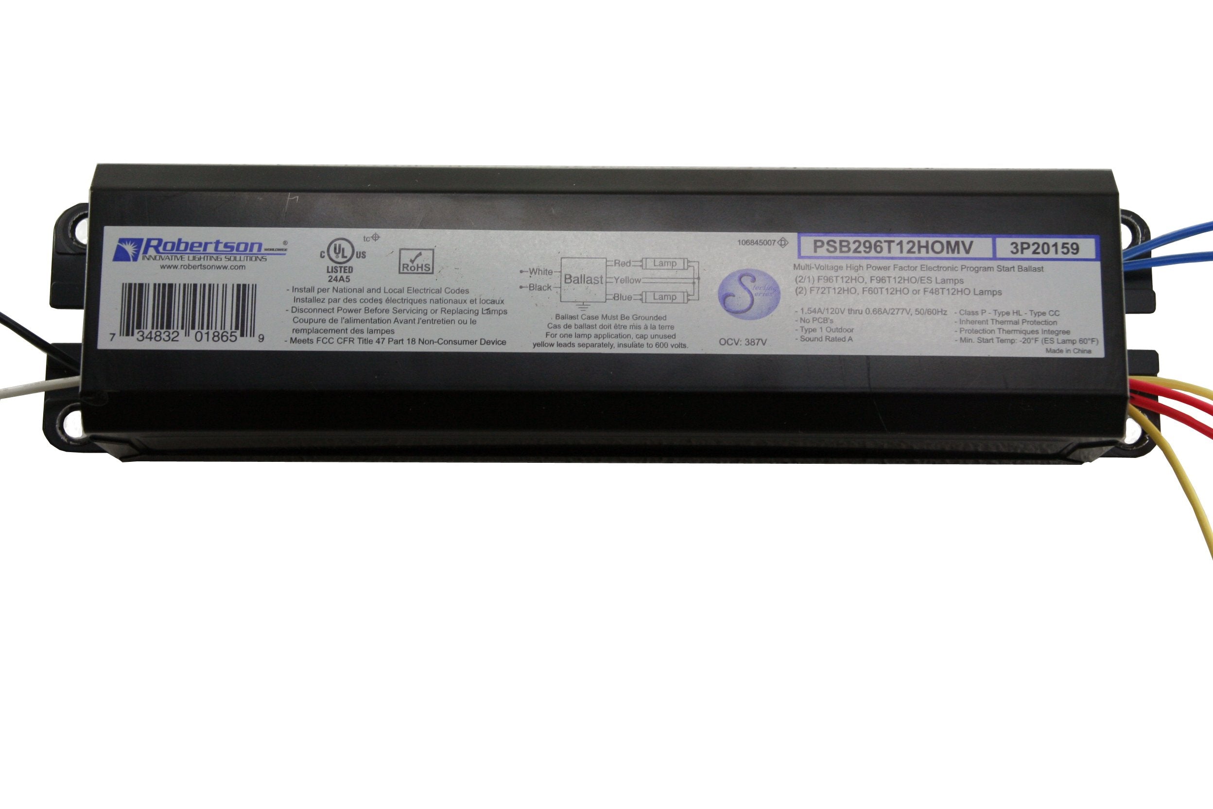 Robertson 3P20159 Psb296T12Homv Fluorescent Eballast For 2 F96T12/Ho Linear Lamps, Program Start, 120-277Vac, 50-60Hz, Normal Ballast Factor, Hpf, (Successor To Rsd296T12Homvip)