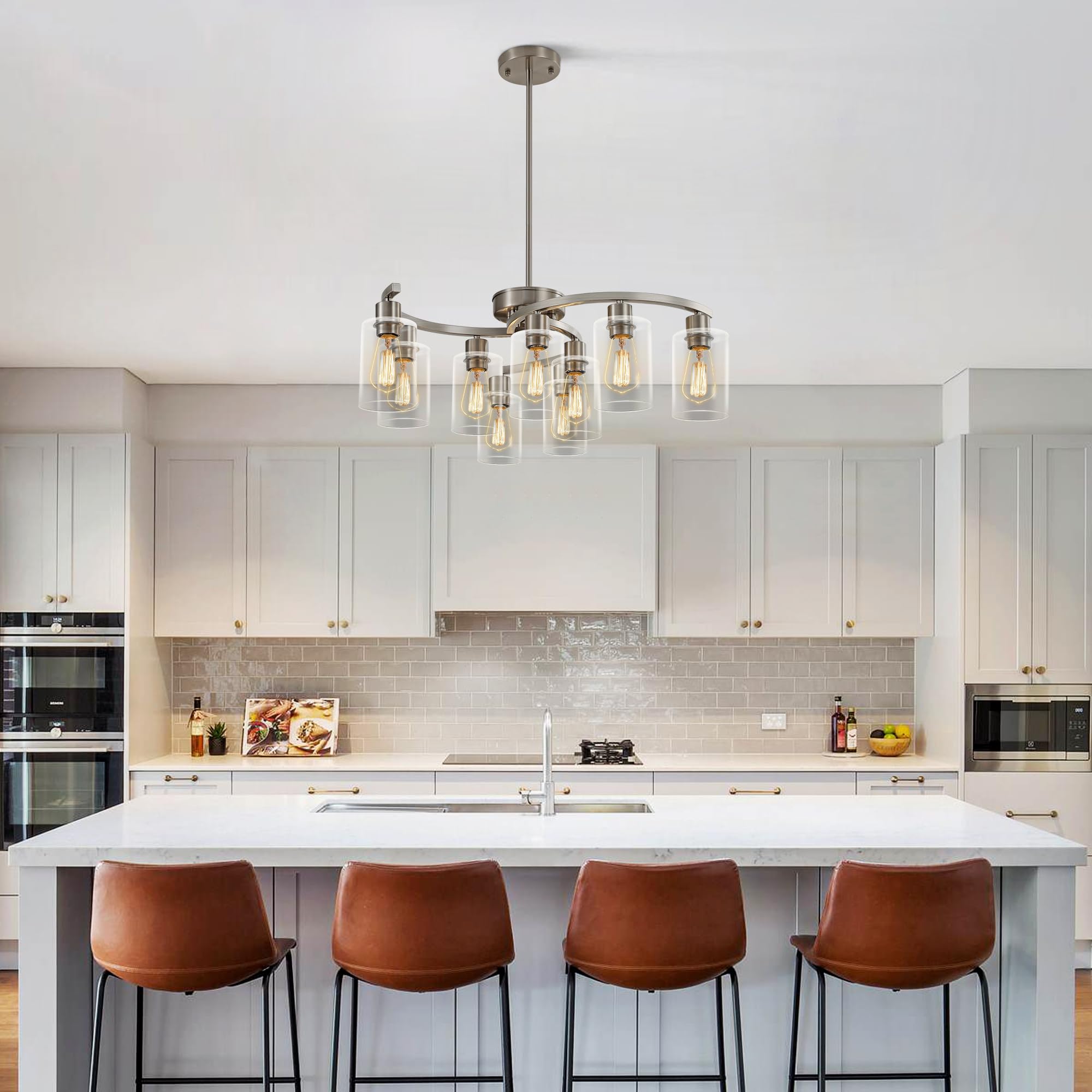 Cnratye 9-Light Brushed Nickel Glass Chandelier, Adjustable Height Hanging Industrial Dining Room Chandelier Over Table, Modern