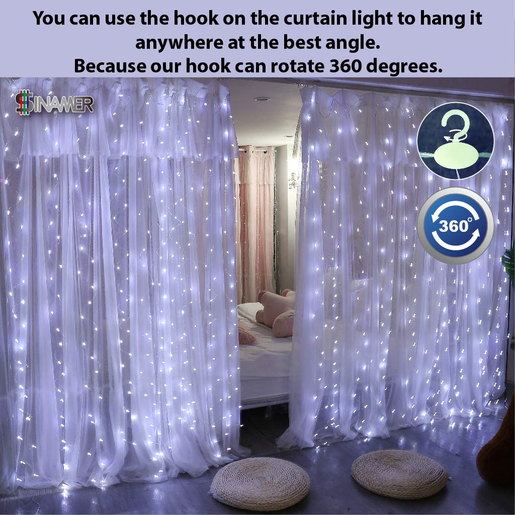 Sinamer Upgrade 300 Led Curtain Light, 9.8Ft X 9.8Ft Copper Wire String Lights, Usb Powered Hanging Window Fairy Lights, 8 Lighting Modes, Remote Control For Home Christmas Wedding Party, White