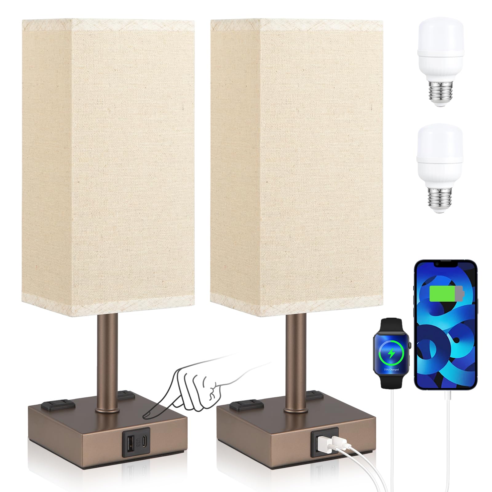 aooshine Brown Base Touch Lamps Set of 2 - Nightstand Lamp with USB-C + A Charge Ports & AC Outlets, 3-Way Dimmable Bedside Lamp