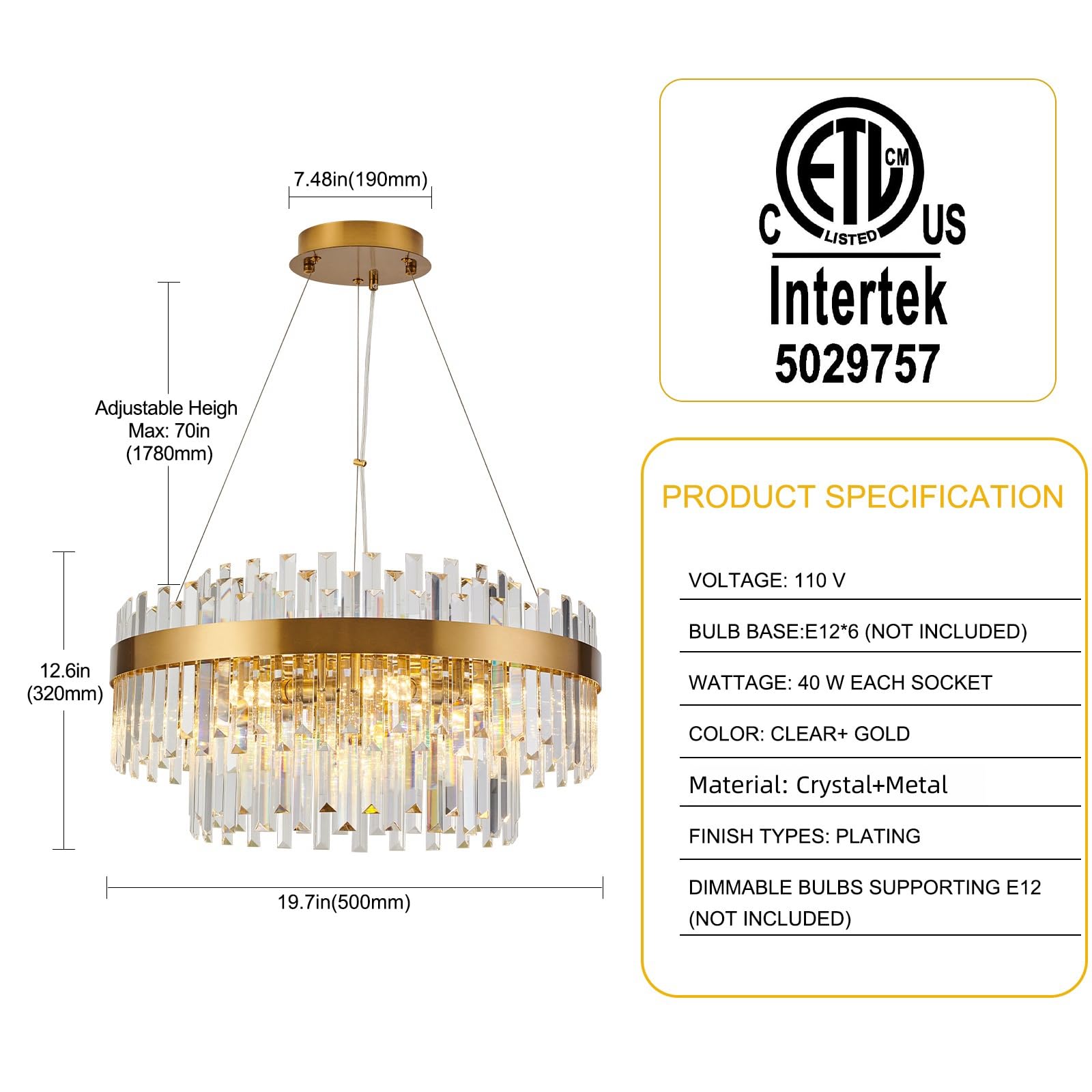 Pafee Modern 6-Light Gold 2-Tier K9 Crystal Chandelier - 20'' Round Chandelier Lighting Fixture For Dining Living Room Kitchen I
