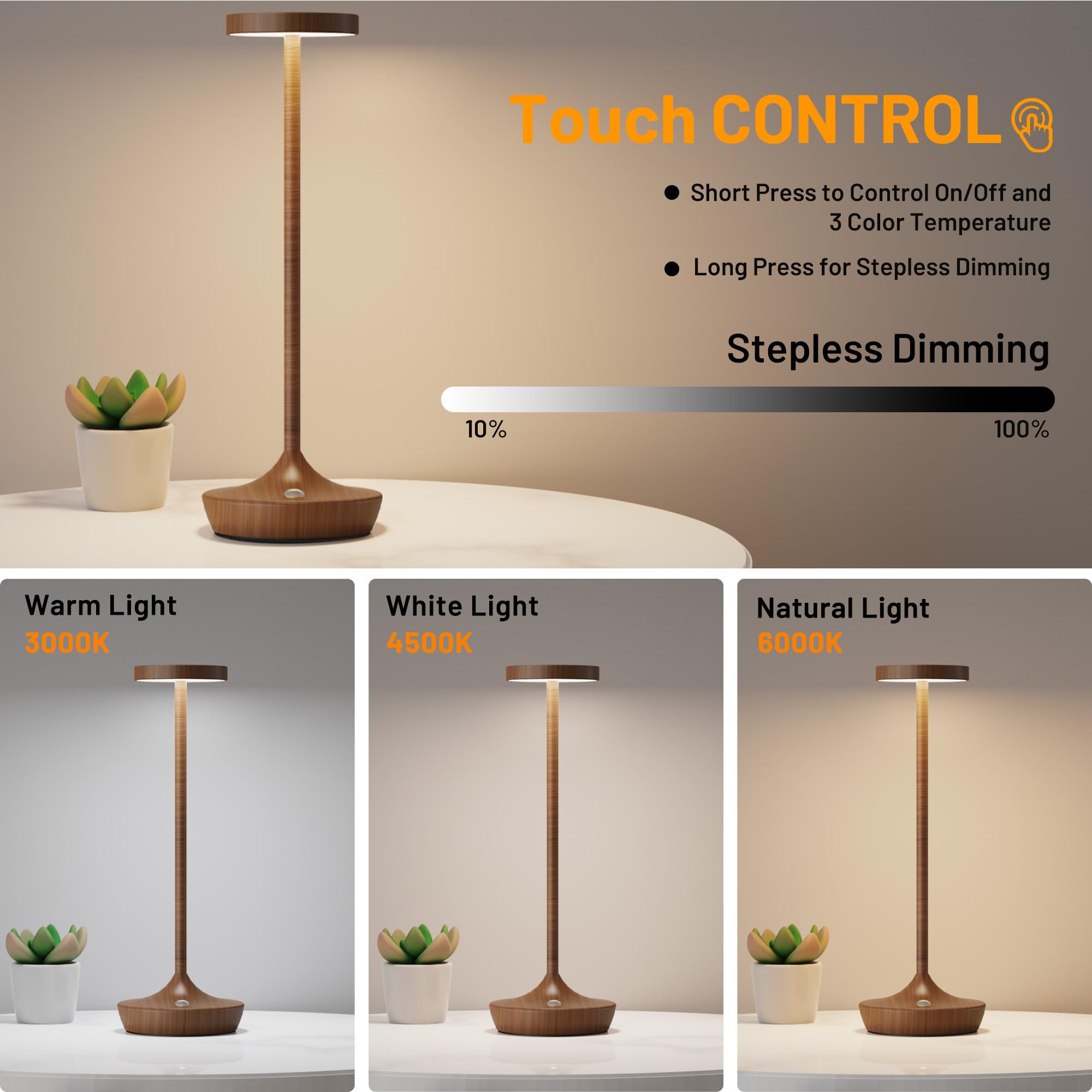 Yht Cordless Table Lamp Rechargeable,6000Mah Battery Operated Led Desk Lamp,Portable Outdoor Waterproof 3-Color Touch Dimmable T