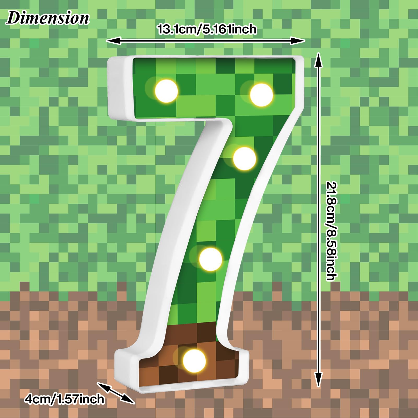 AXBMM Pixel Game Light Up Sign, Number 7, 8.5in Table Centerpiece, Green/Brown, PP Plastic, LED, Model XY-371
