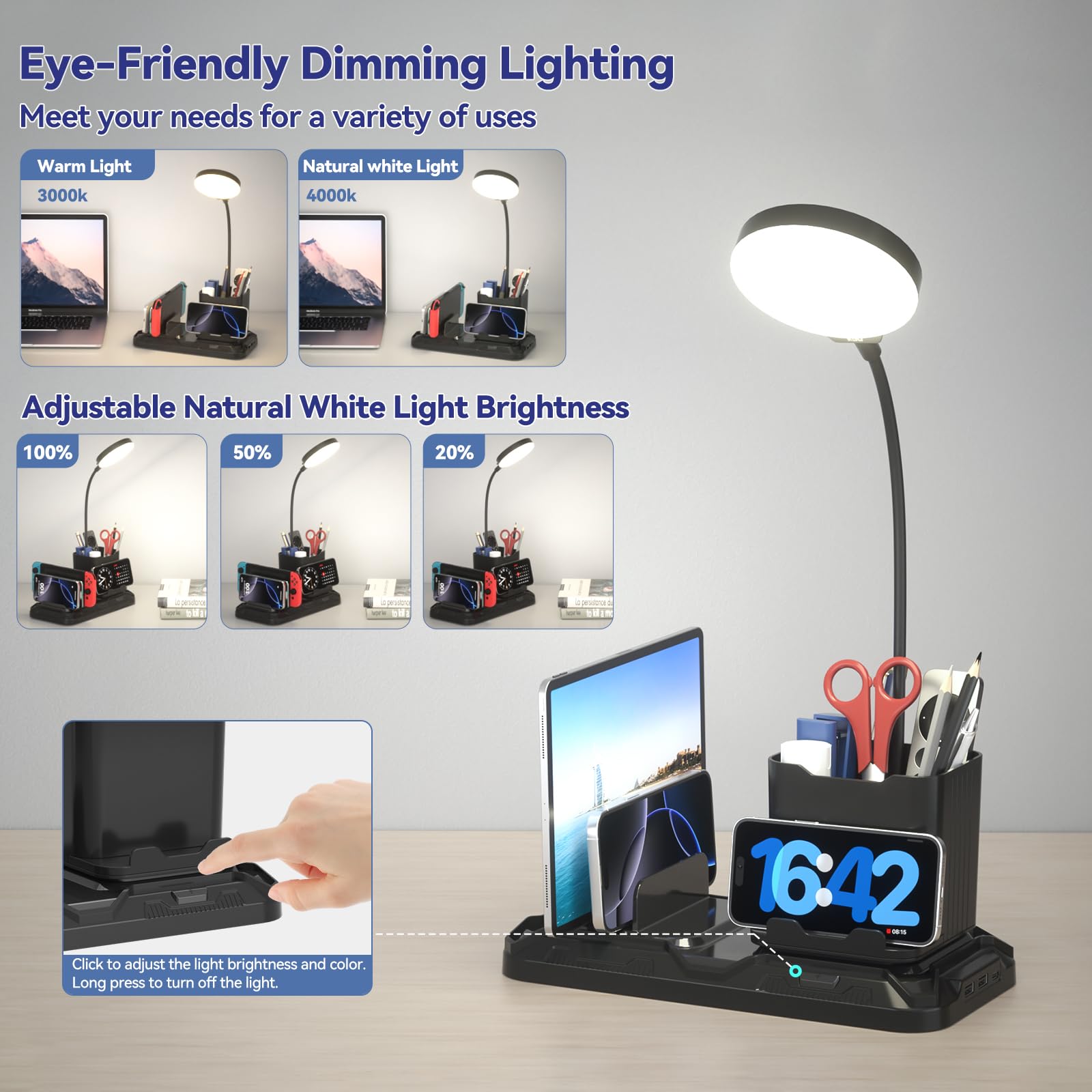 Kdd Desk Lamp With Usb A&C Charger Ports - Reading Desktop Light With Pen & Phone Holder - Adjustable Brightness Lights With Dev