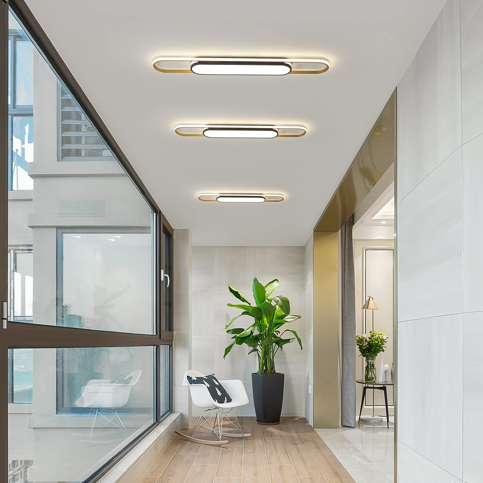 Qcyuui LED Ceiling Light Fixture, Dimmable Acrylic Lamp, 43.3in Black and Gold for Kitchen, Dining Room, Hallway