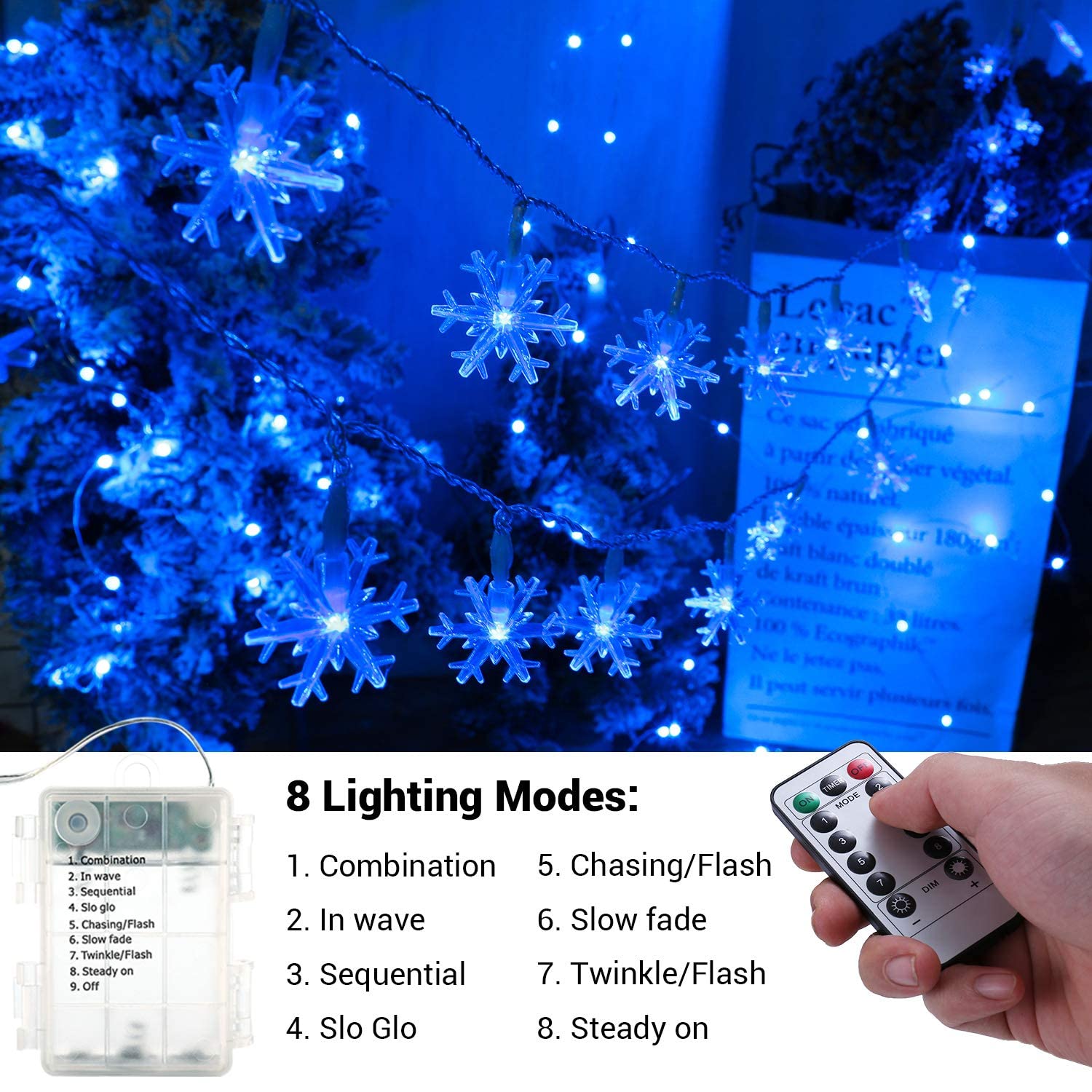 Brizlabs Blue Snowflake Lights, 40 Led 16.08Ft Snow Flake Christmas Lights With Remote, Battery Twinkle String Lights, 8 Modes Xmas Lights Waterproof For Outdoor Indoor Wedding Party Window Decor