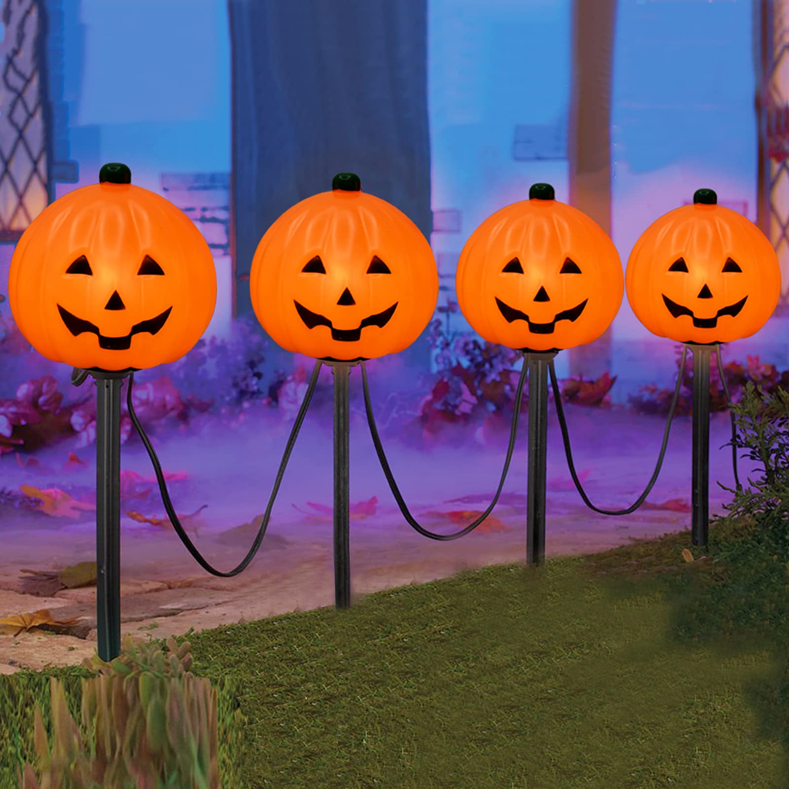 Halloween Pathway Lights Outdoor, Set of 4 Halloween Pumpkin Stake Lights, Connectable Jack-O-Lantern Walkway Light for Holiday 