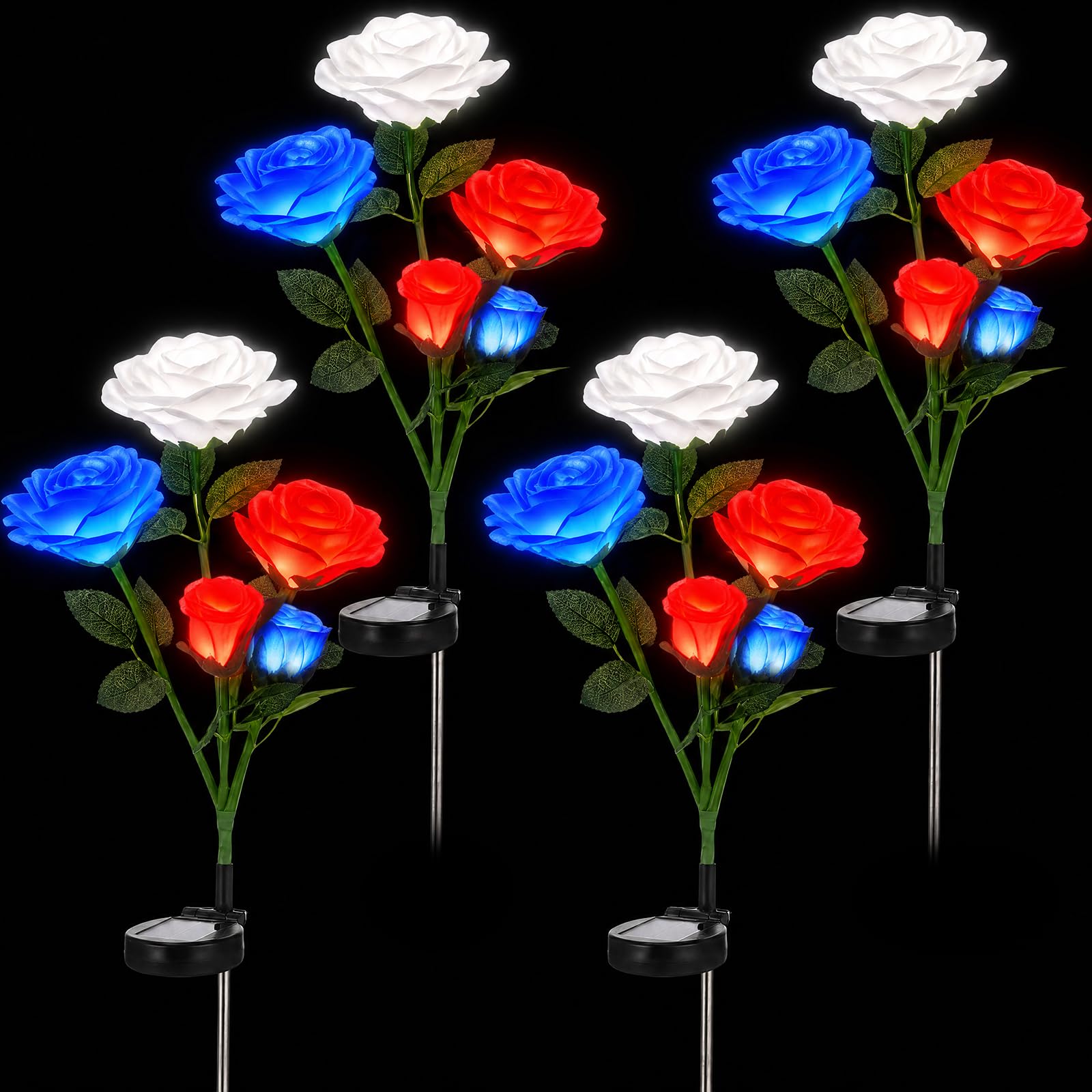 LOYIM 4 Pack Outdoor Solar Flower Lights with 20/28 Waterproof Realistic Solar Powered Flowers Decorative Lights for 4th of July