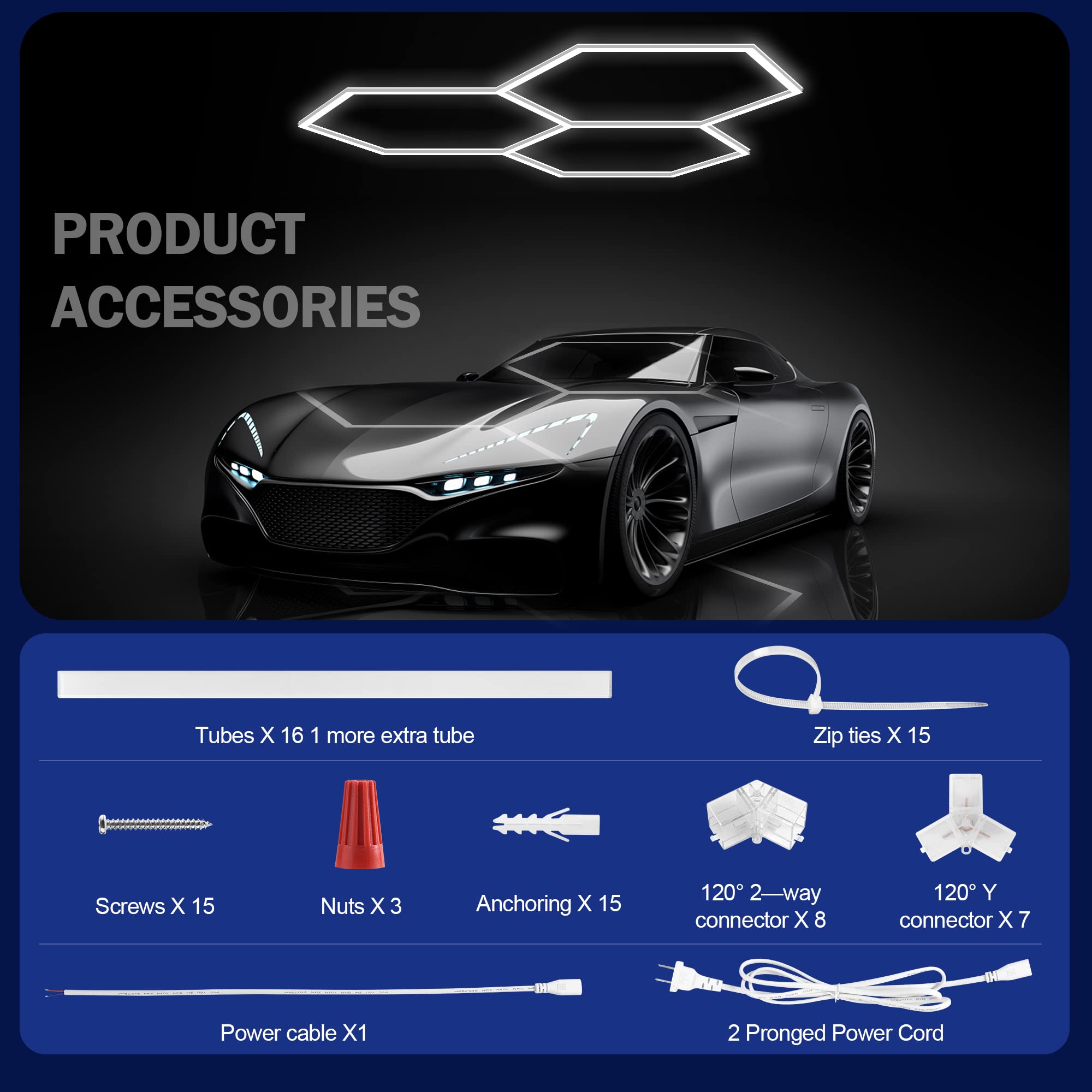 MODERN Hexagon LED Garage Light, 105W 12600LM, 3 Hexagonal Grids, Polycarbonate, 17.64inL x 11.34inW x 1.