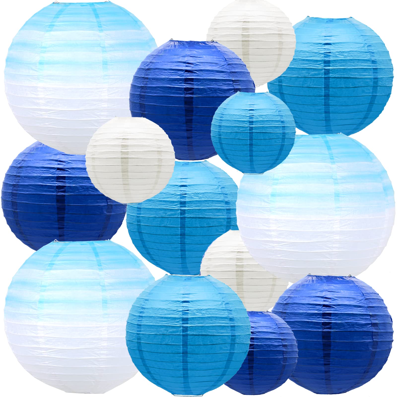 Meiduo 14 Pcs Gradient Blue Paper Lanterns - Decorative Hanging Tissue Paper Lights For Parties