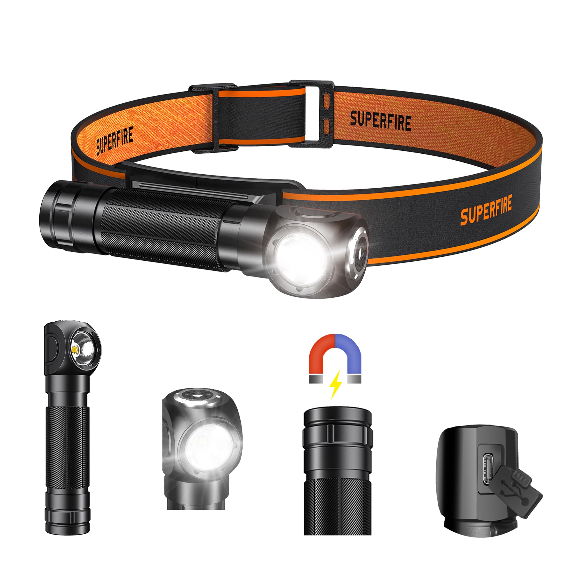 SuperFire Headlamp Flashlight, 600 Lumens, Rechargeable, Waterproof TH06, Mini, Aluminum