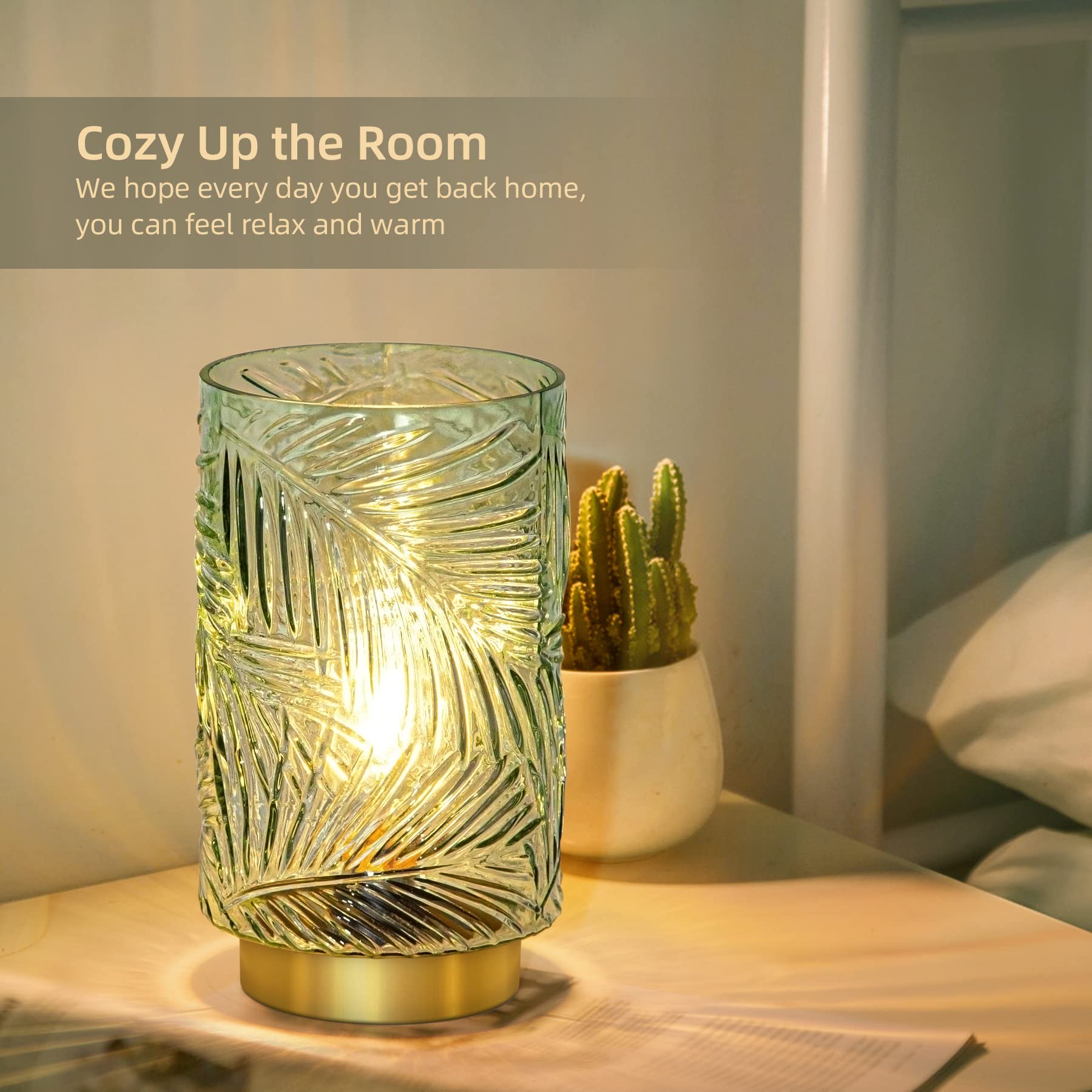 MJ PREMIER Battery Operated Table Lamp with Timer, Big Light Green Glass Nightlight, Model 1520, Decorative for Home Decor