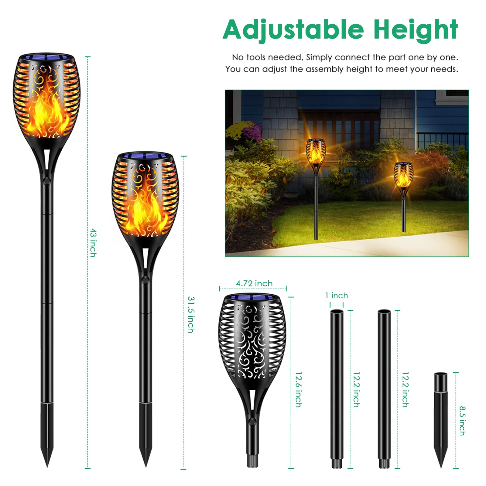 TomCare Solar Torch Lights - 99 LED Flickering Flame - 43" Waterproof Outdoor Lighting - Black - 4 Pack
