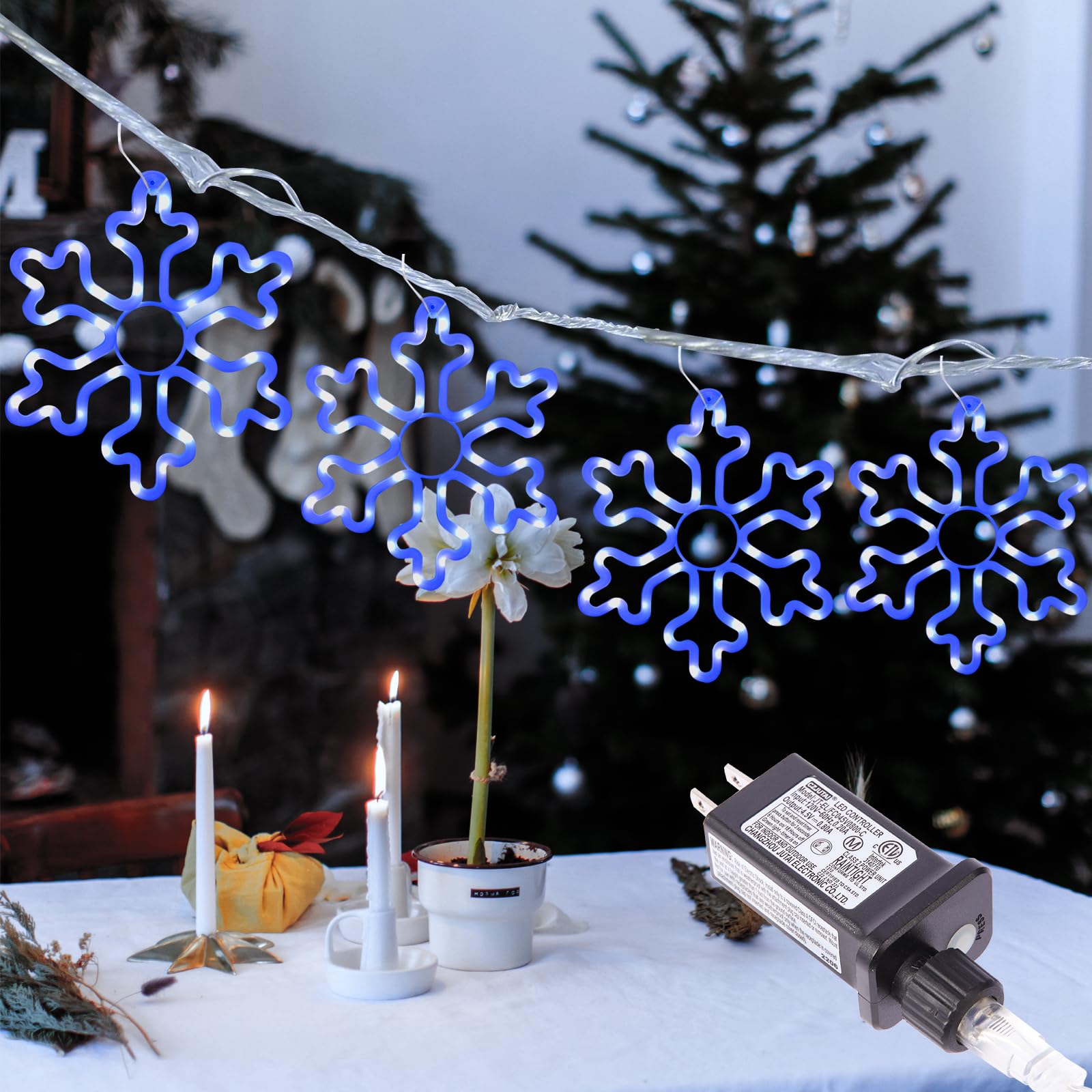HuiZhen LED Snowflake Lights, 4pcs 144LED Blue String Lights, 8 Modes & Timer for Outdoor Christmas Decorations