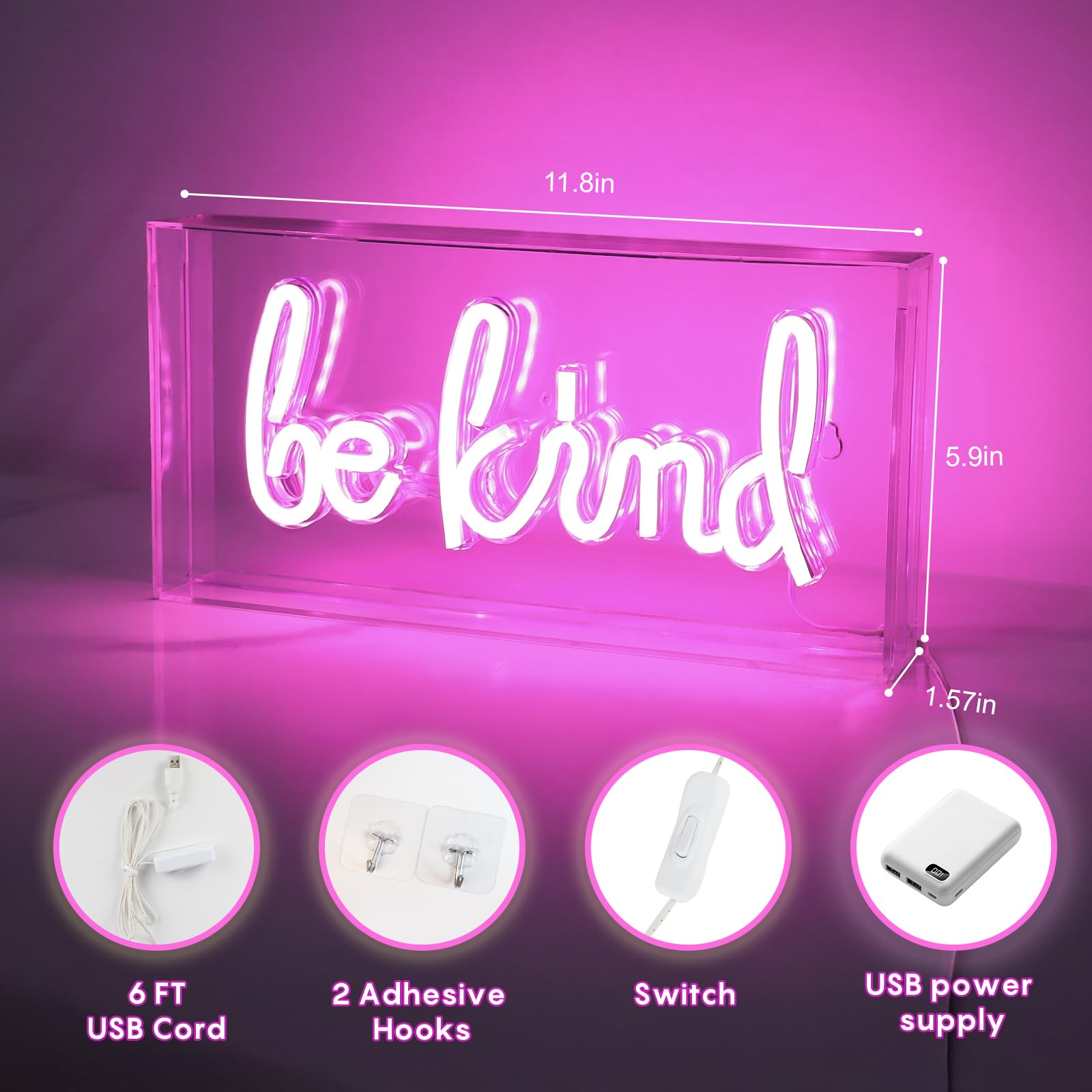 HOSITARK Be Kind Neon Sign Desk Lightbox USB LED Acrylic Pink Model HTK-Be Kind-Pink