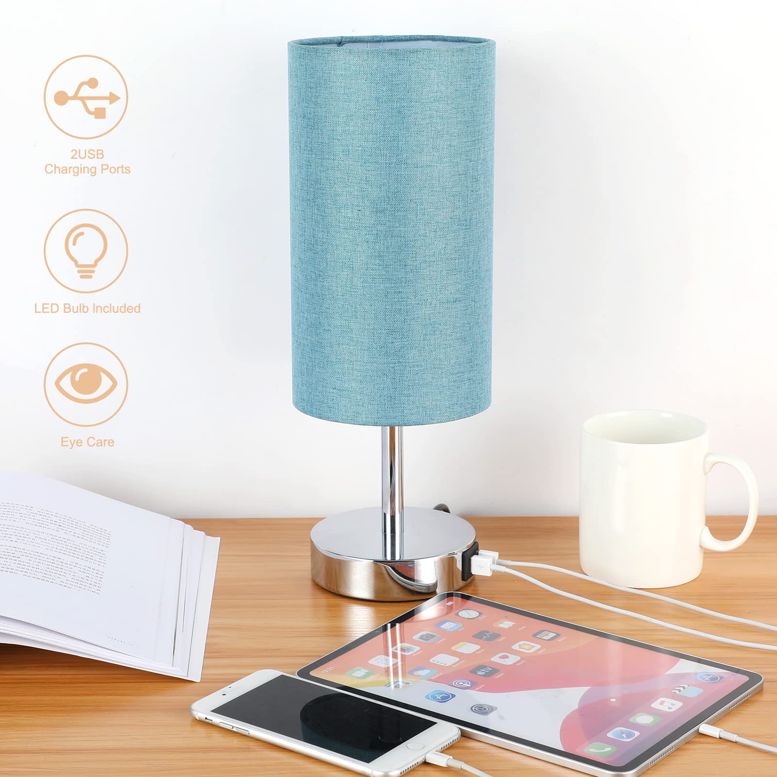 Yarra-Decor Bedside Lamp with USB Port - Touch Control Table Lamp for Bedroom 3 Way Dimmable Nightstand Lamp with Round Denim Fabric Shade for Living Room, Dorm, Home Office (LED Bulb Included)