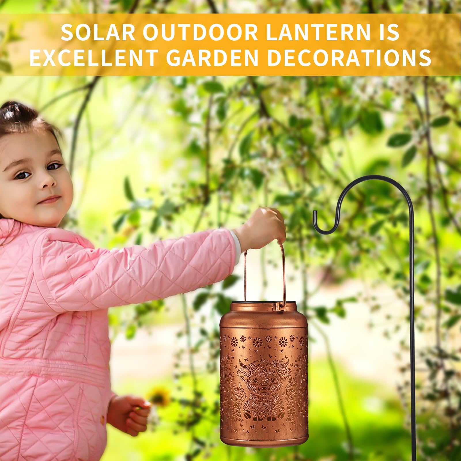 Solar Lanterns Outdoor Waterproof Garden Decor Birthday Gifts For Women Mom Grandma Hanging Solar Lights Metal Decoration Outside For Yard  Patio (Highland Cattle)