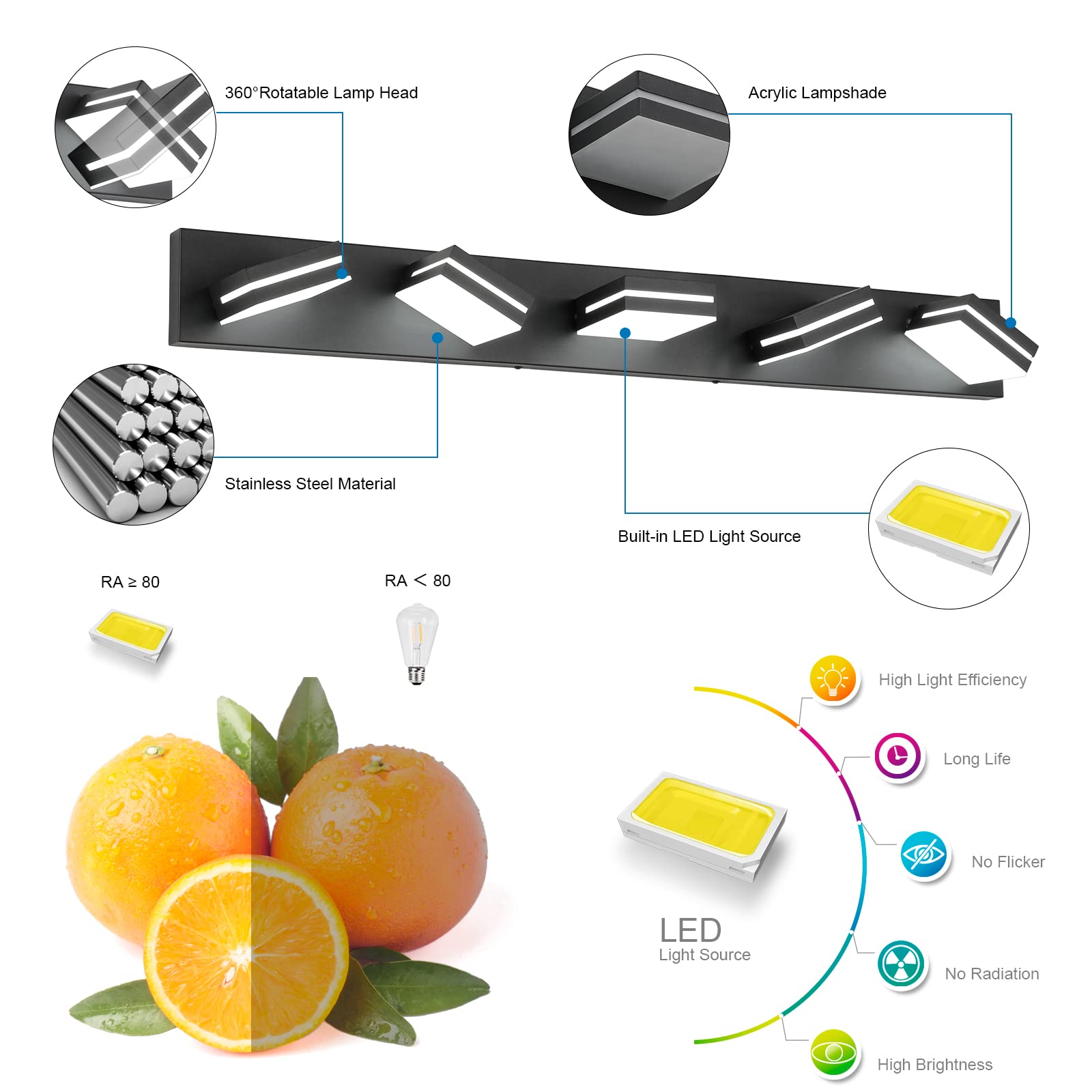 Sinerise Led Modern Bathroom Vanity Light Fixtures (5-Light, 40-Inch, Dimmable), Matte Black Modern Acrylic Bathroom Wall Lighti