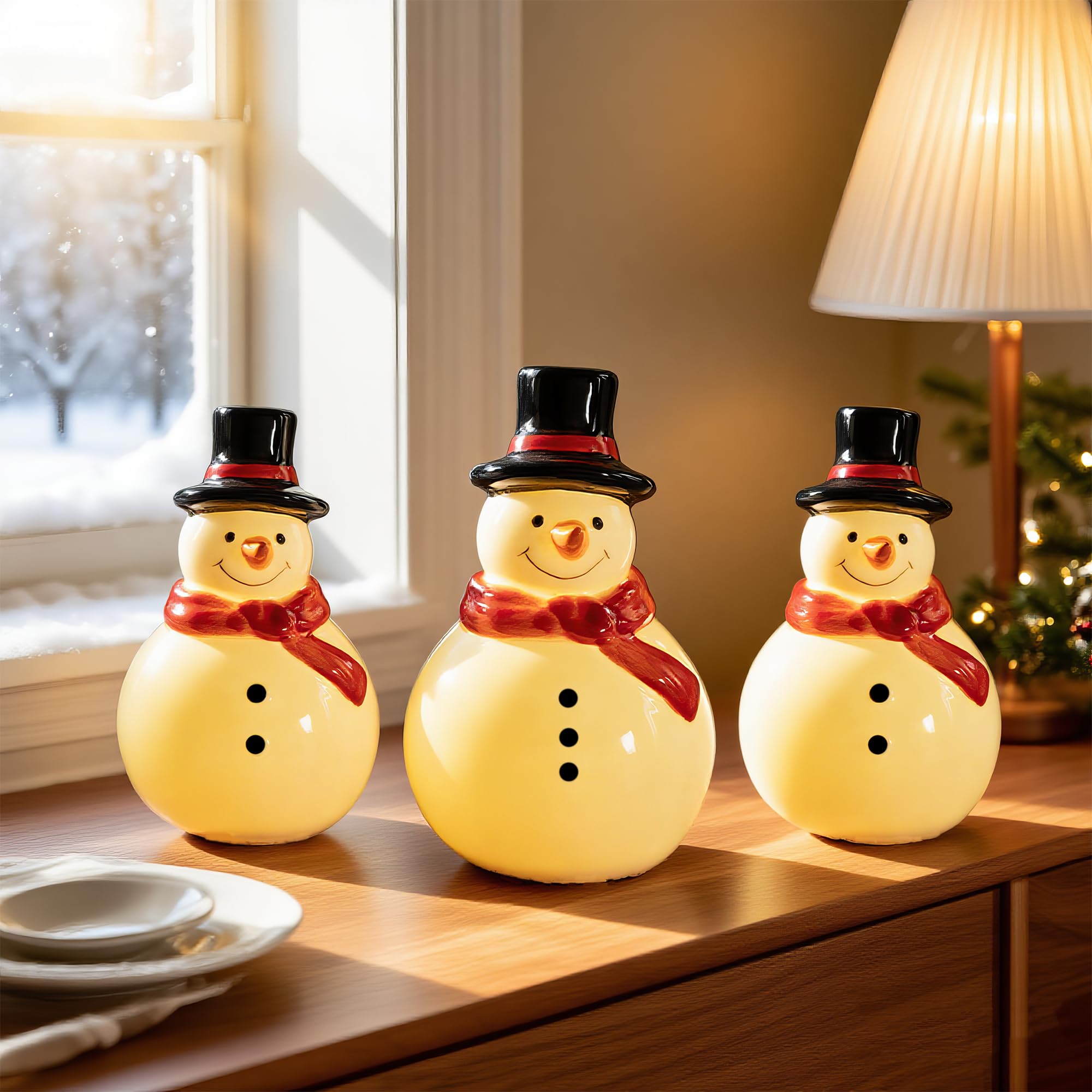 Nerosun Christmas Snowman Figurines  3 Pack Ceramic Cute Led Lighted Snowman Tabletop Christmas Decorations  Light Up Table Ornaments For Indoor Cabinet Mantel Fireplace Winter Xmas Decor