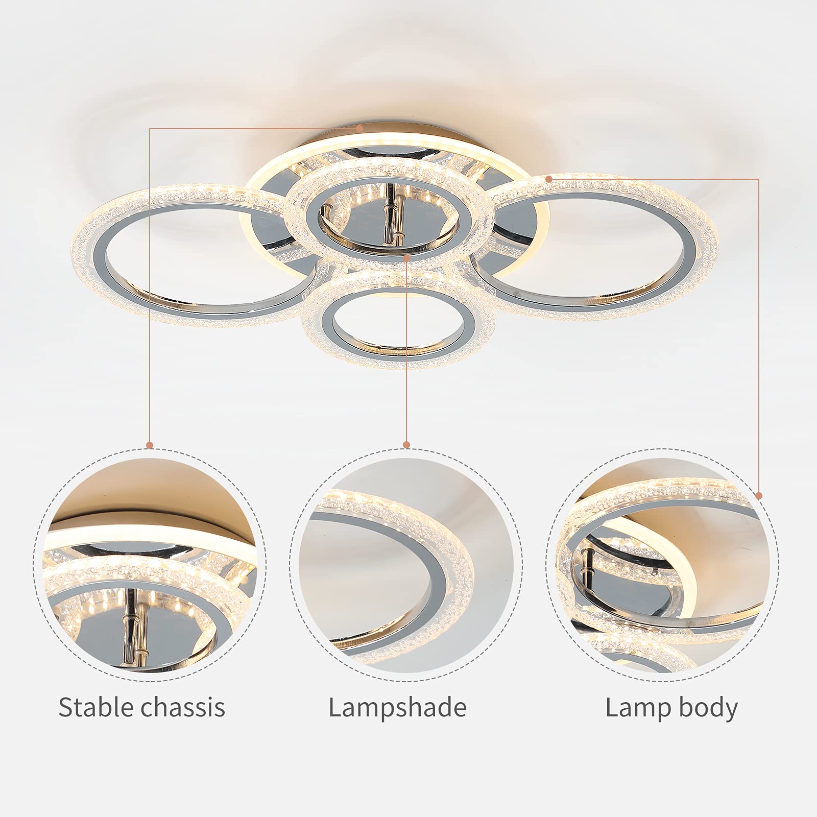 Garwarm Modern Ceiling Light 58W Dimmable LED Chandelier 22 in Acrylic 4-Round Chrome Model TGZL-6003N-300-4