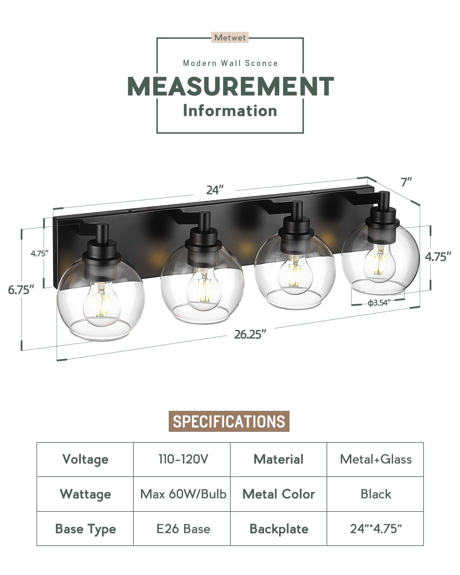 Metwet Bathroom Light Fixtures, 4 Light Matte Black Vanity Light, 26 Inch Modern Wall Sconces With Globe Clear Glass Shade, Vani