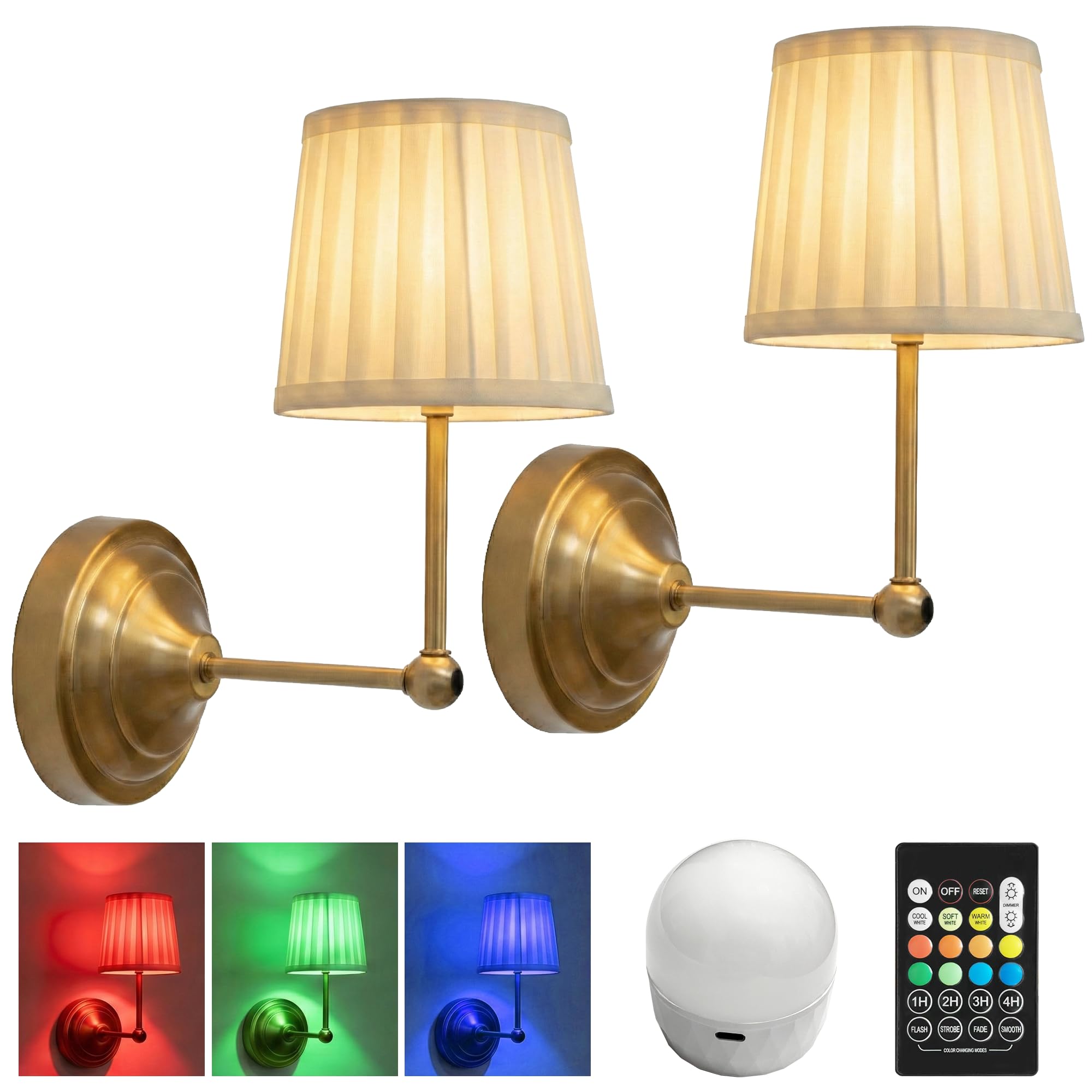 Battery Operated Wall Sconces Set of 2, Gold Rechargeable Wall Lights with 10000mAh RGB Dimmable Magnetic Bulbs and Remote,16 Co
