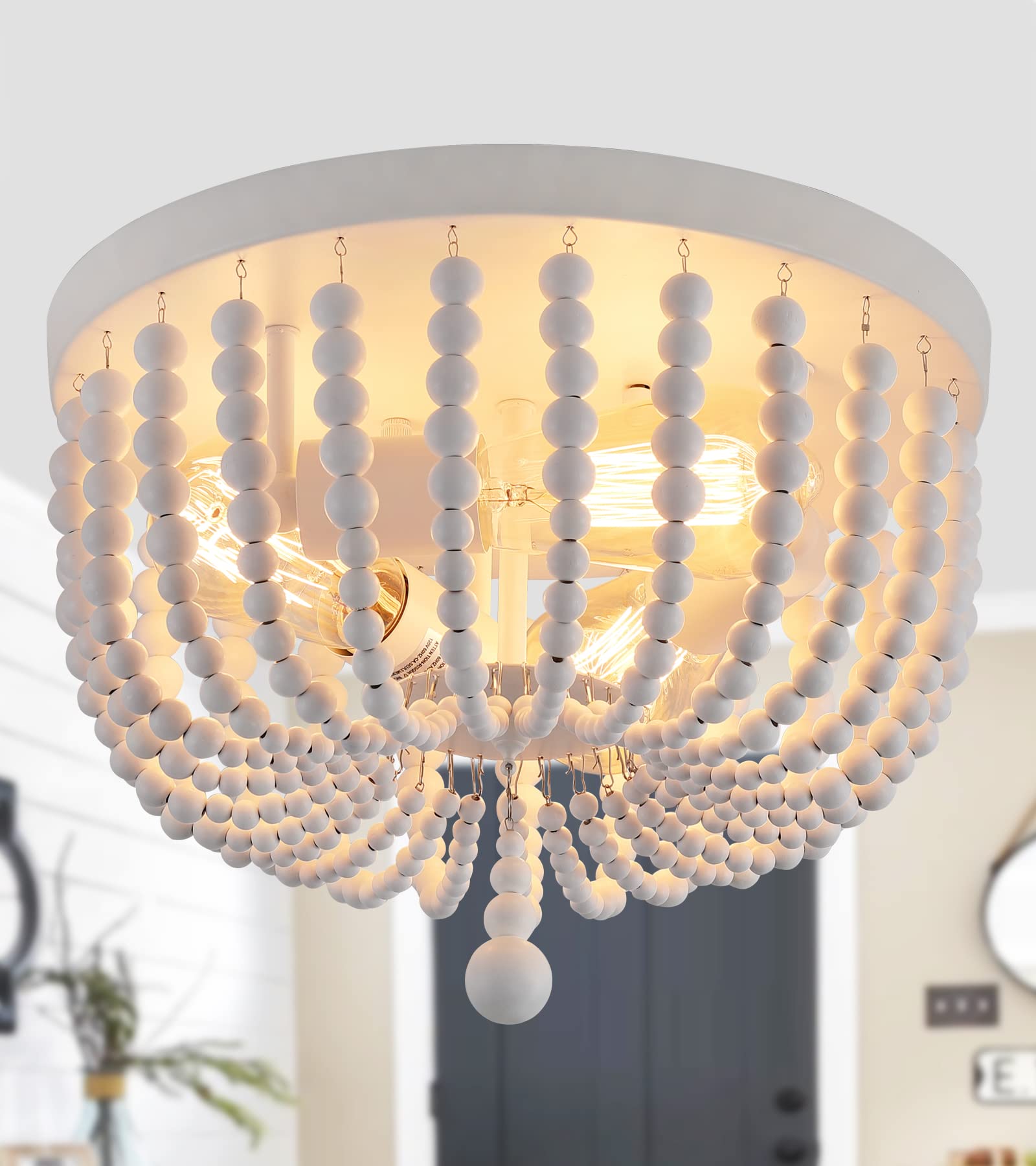 Q&S White Boho Beaded Chandelier Light Fixture, 3-Lights, Metal and Wood Bead, Flush Mount for Bedroom, Kitchen, Dining Room