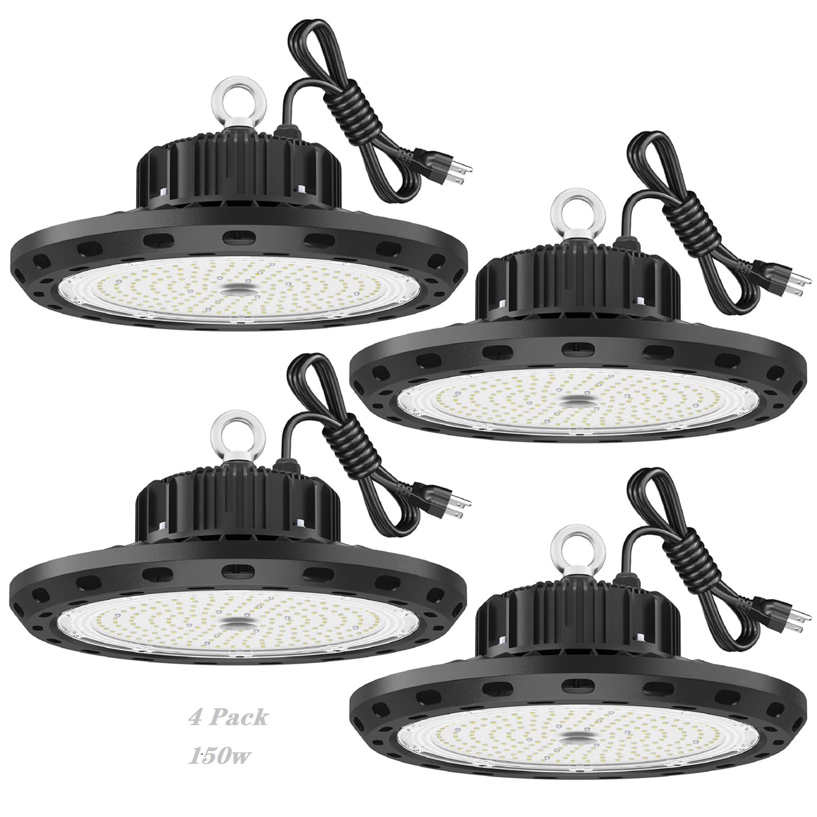 BEULT 4 Pack UFO LED High Bay Light 150W (600W MH/HPS Equiv.), 22500lm, 5000K Daylight, AC100-277V, with 5 Cable & Ring Hook, I