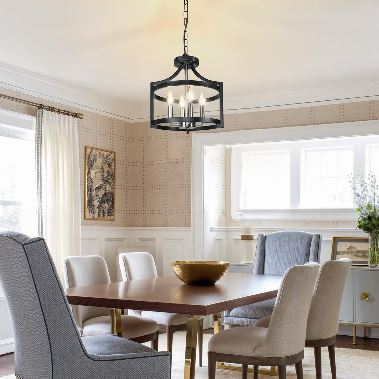 Kmaipem 4 Lights Farmhouse Chandeliers For Dining Room, Modern Chandelier Convertible Semi Flush Mount Ceiling Light Fixture For
