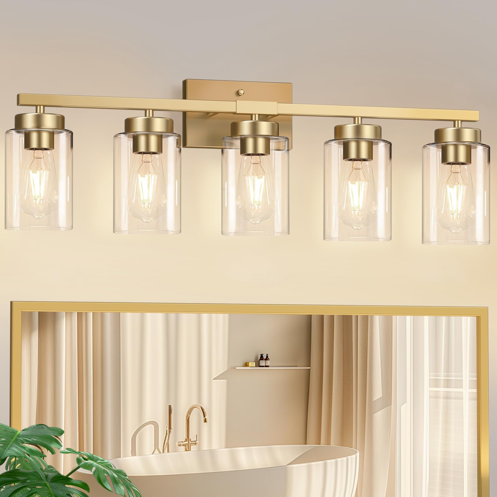 IZORRO Modern Bathroom Light Fixtures, 5 Light Brushed Gold Vanity Lights, Bathroom Lighting Fixtures Over Mirror with Clear Gla