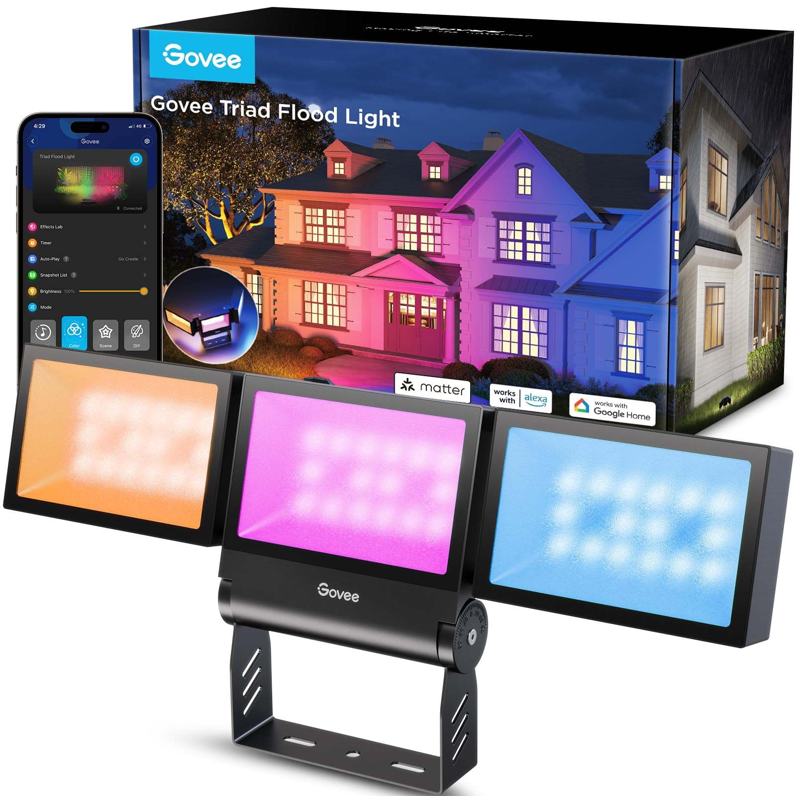 Govee Triad Outdoor Flood Lights, RGBIC, 4500LM, Smart WiFi Control, Aluminum, Black, Model H7063, IP66 Waterproof