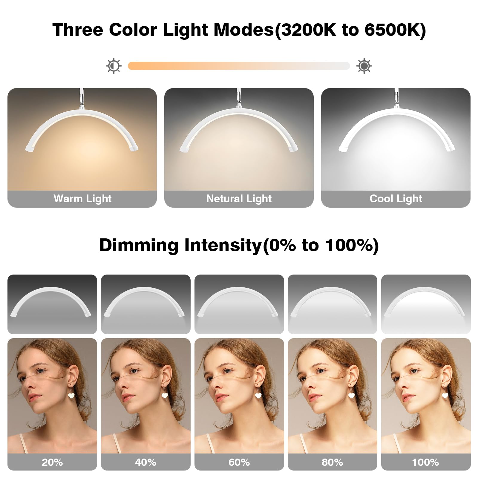 Mznoo LED Floor Lamp for Eyelash Tech, Adjustable Brightness & Color Modes, Half Moon Light, White with Wheels, Model MZ-FL18