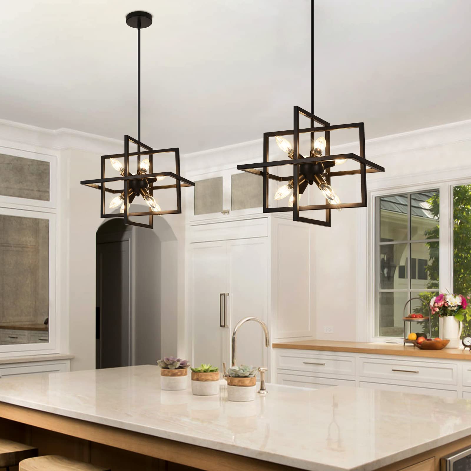 Goomavi Small Modern Lantern Chandeliers, Geometric Black Pendant Lighting, 8-Light Industrial Hanging Chandelier Light Fixture