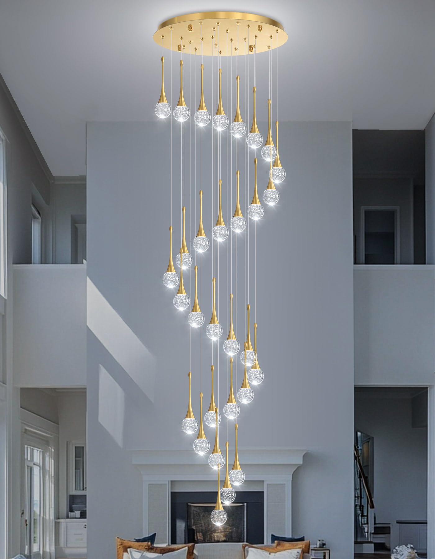 30 Light Modern Glam Crystal Chandelier For High Ceiling Led Dimmable Ceiling Pendant Light Staircase Foyer Enterway Living Room Chandelier Lighting Antique Gold