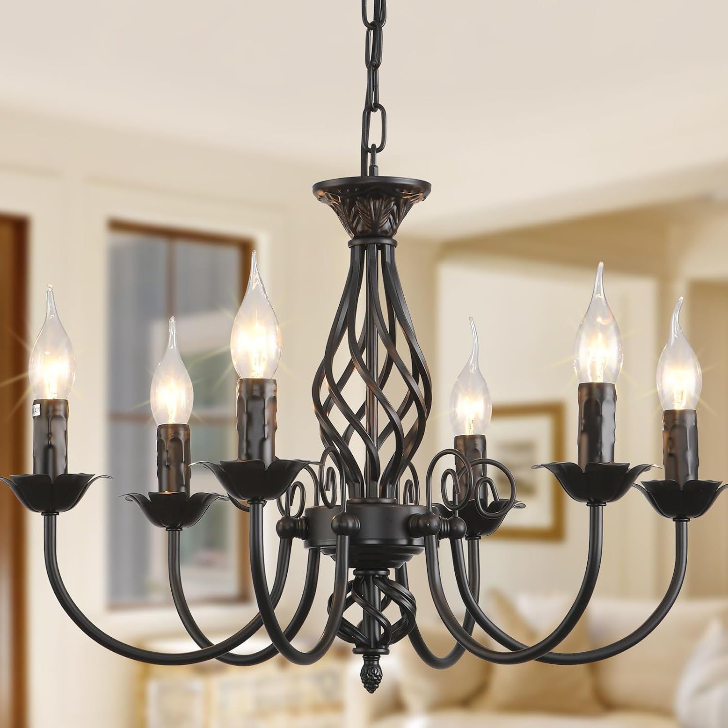 Jaycomey Farmhouse Candle Chandelier For Dining Room, 6-Light Rustic Industrial Pendant Ceiling Light Fixture, Vintage Black Han