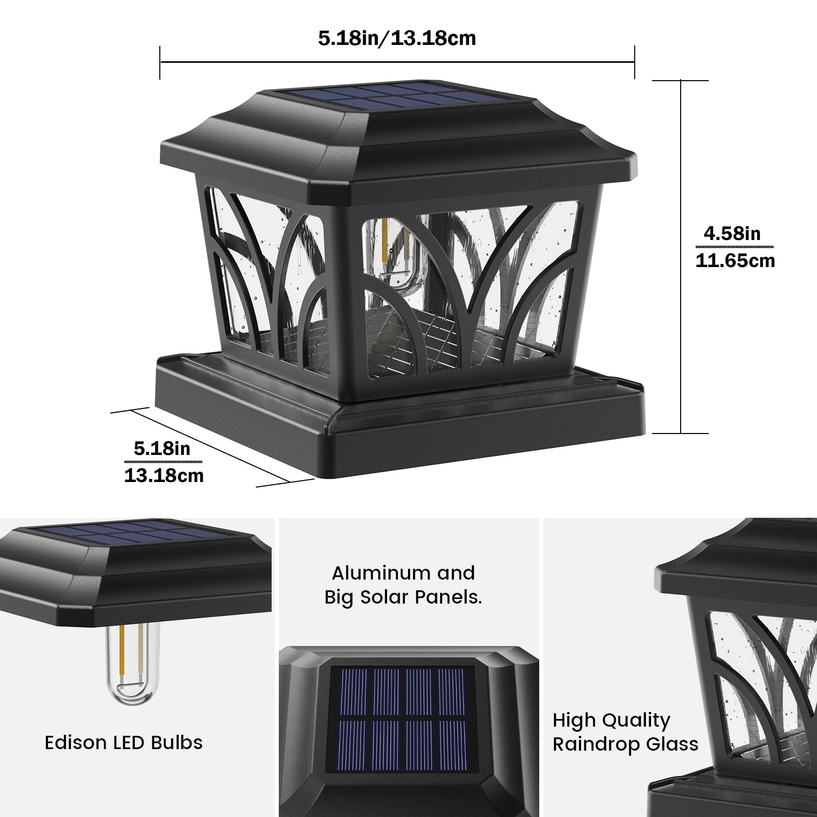 SIEDiNLAR Solar Post Cap Lights, Aluminum Glass, 2 Modes, 6 Pack, Black, Model SD026B-6PK