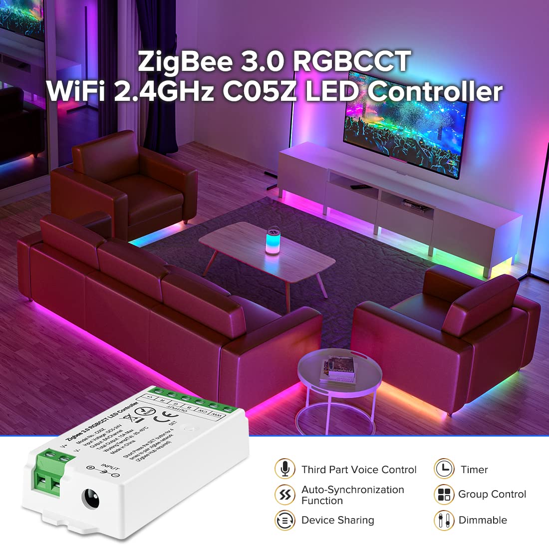 BTF-LIGHTING Zigbee RGBCCT LED Controller C05Z, 6 Pin, DC5V/DC12V/DC24V, White, Compatible with Echo Plus and HomeKit