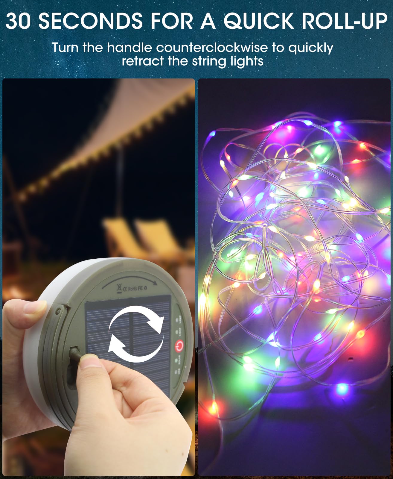 Solar Camping String Lights , 2 in 1 Multi-Color Outdoor String Lights with 8 Lighting Modes(39.4Ft), Solar Power and USB Rechar