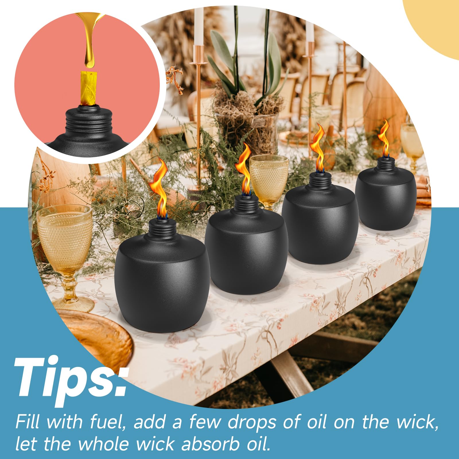 Falbawr 4-Pack Citronella Tabletop Torches, Metal Oil Burners For Outdoor, Yard & Patio